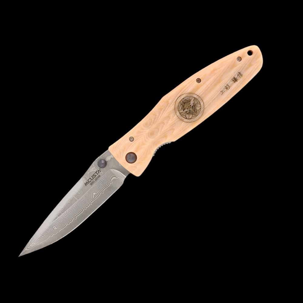 Mcusta Sengoku Uesugi Kenshin VG-10 Core Damascus White Micarta 4.75" Cuchillo cazador plegable