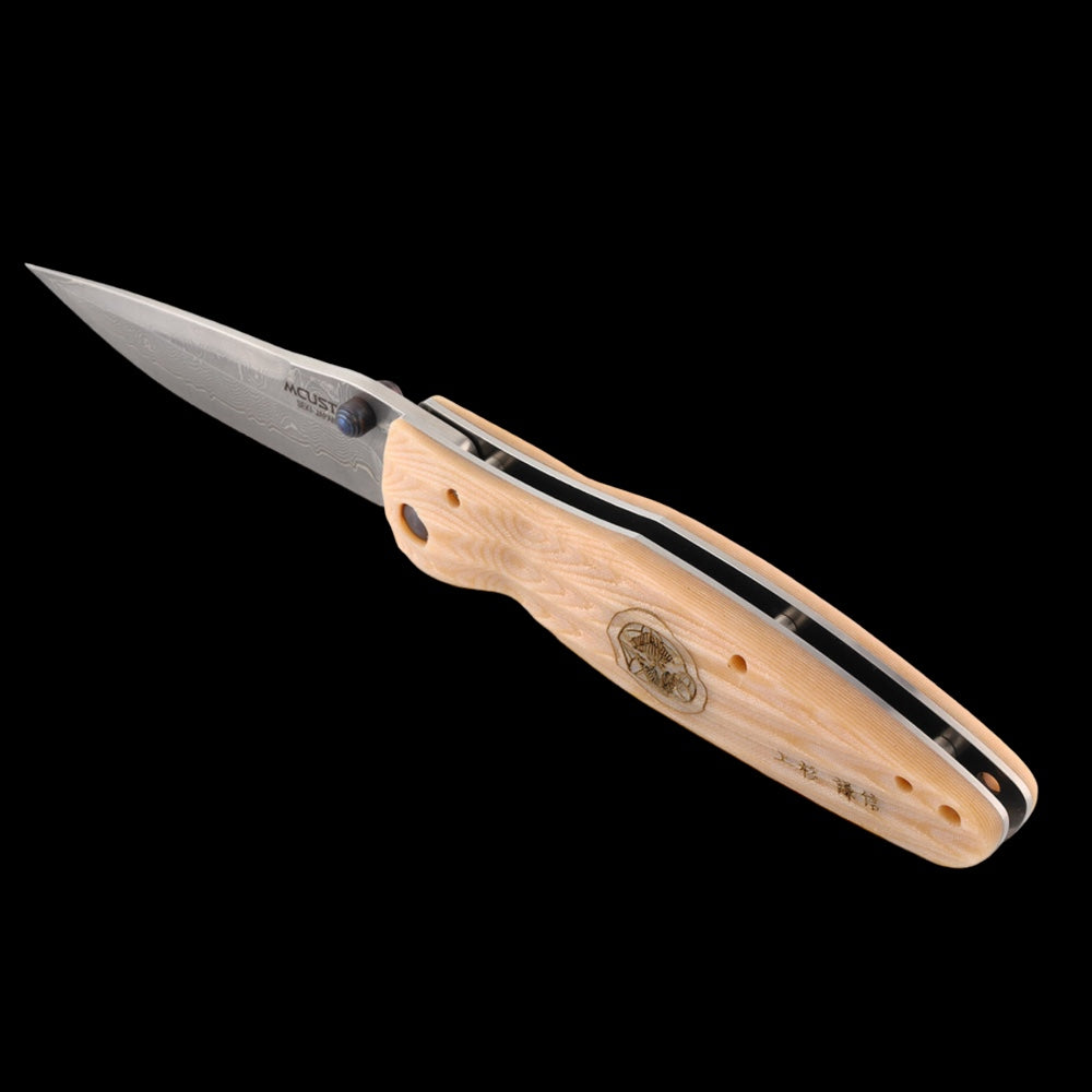 Mcusta Sengoku Uesugi Kenshin VG-10 Core Damascus White Micarta 4.75" Folding Hunter Knife No Clip