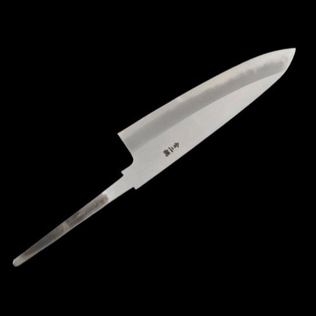 Sakai Kikumori 210mm Gyuto No Handle version showing Kanji on a black backdrop