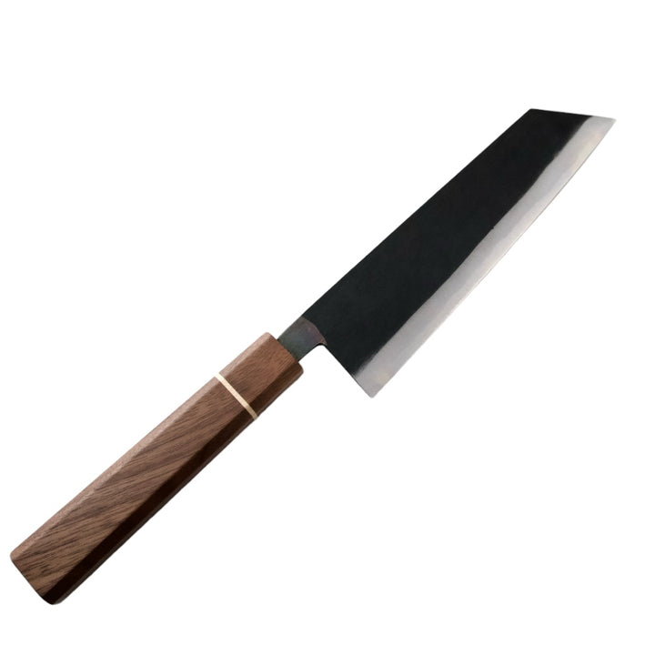 Moritaka Knives 180mm Bunka with custom Walnut handle on a white background