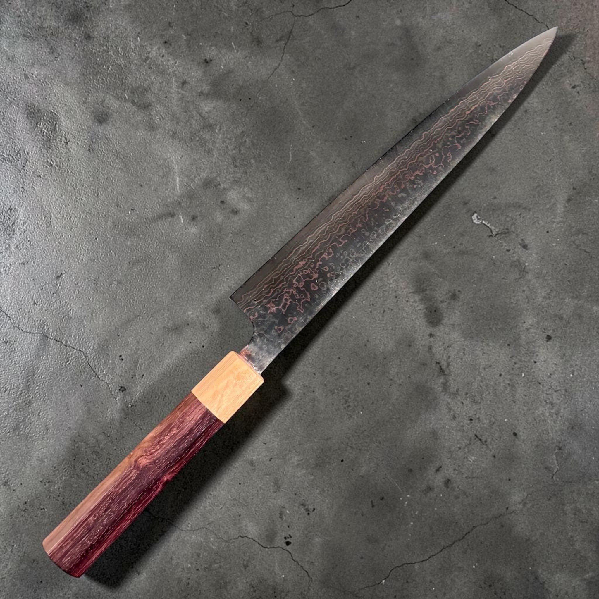 Takeshi Saji VG-10 Rainbow Sujihiki 240mm handle close-up