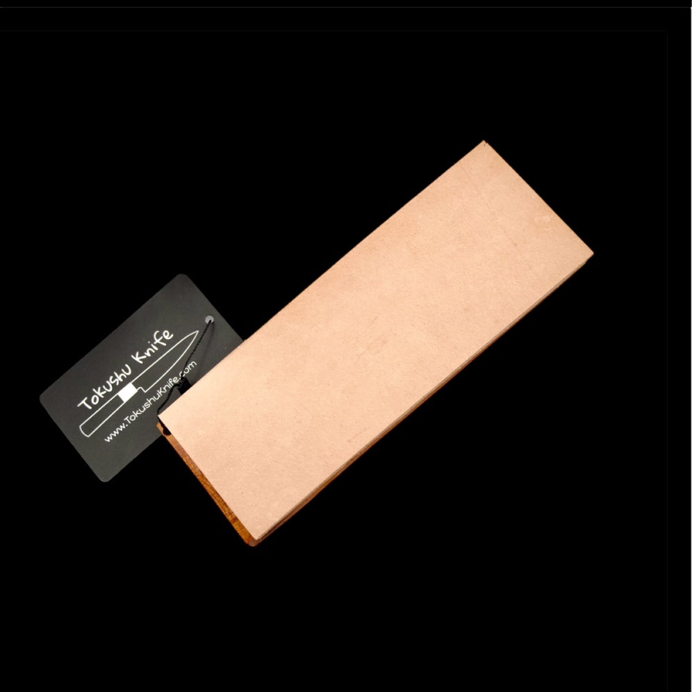 Leather Strop Block by Tokushu knife with logo on black background