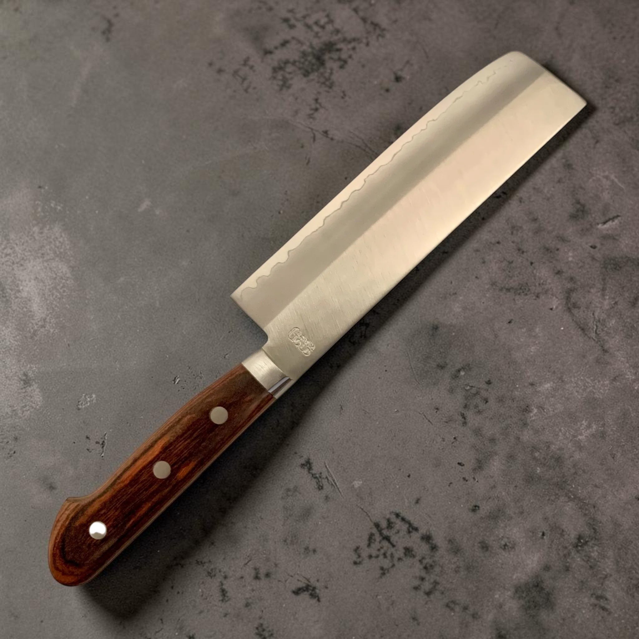 Tsunehisa VG-1 Nakiri brown western handle close-up