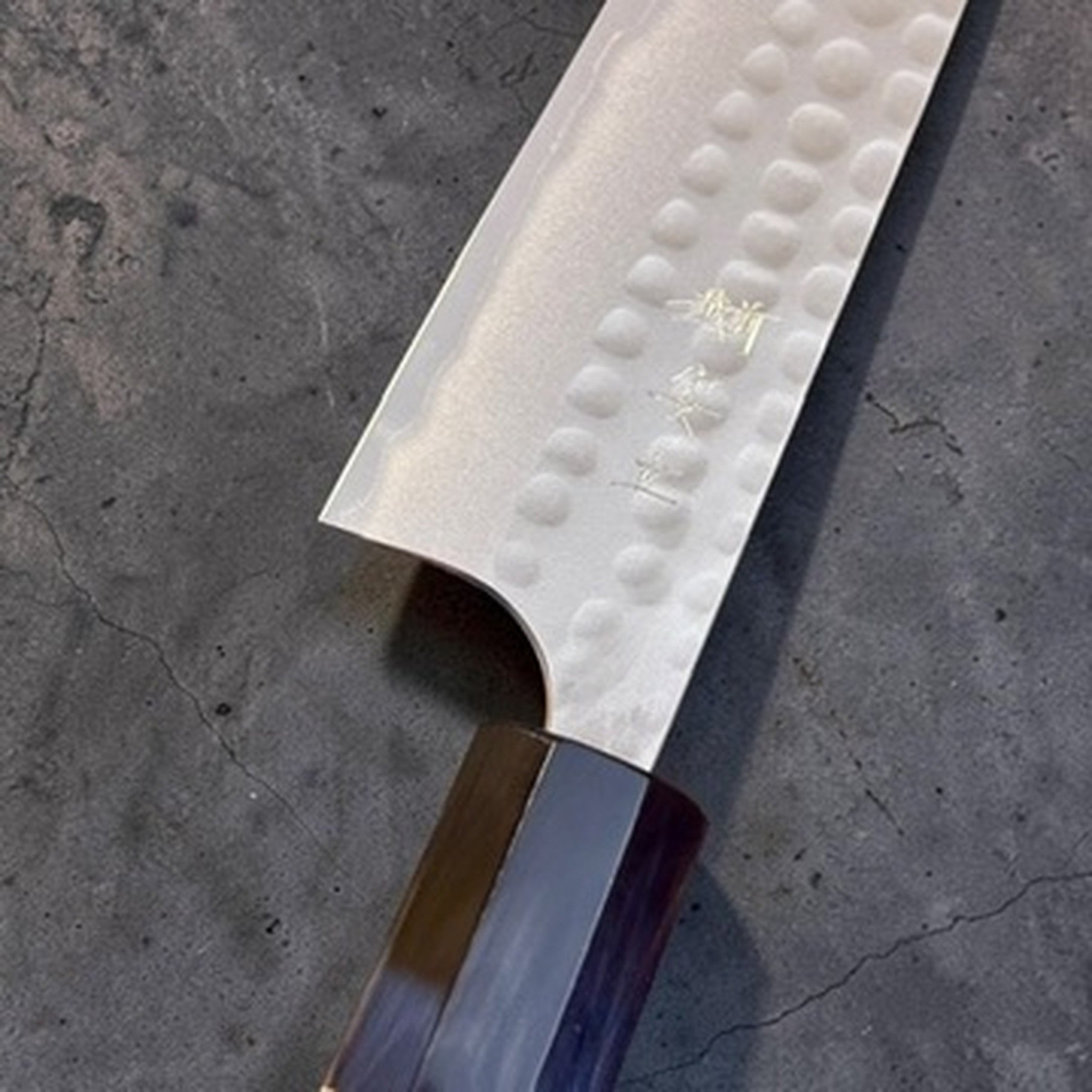 Anryu AO #2 Kurouchi Tsuchime Petty 150 mm, close-up of hammered blade face, kanji, ferrule, and neck.
