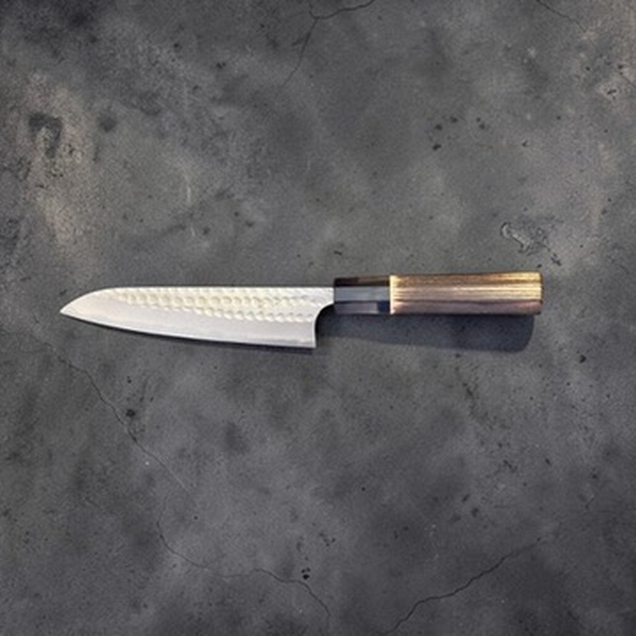 Anryu AO #2 Kurouchi Tsuchime Petty 150 mm, reverse side profile with burnt wood and black buffalo horn handle.