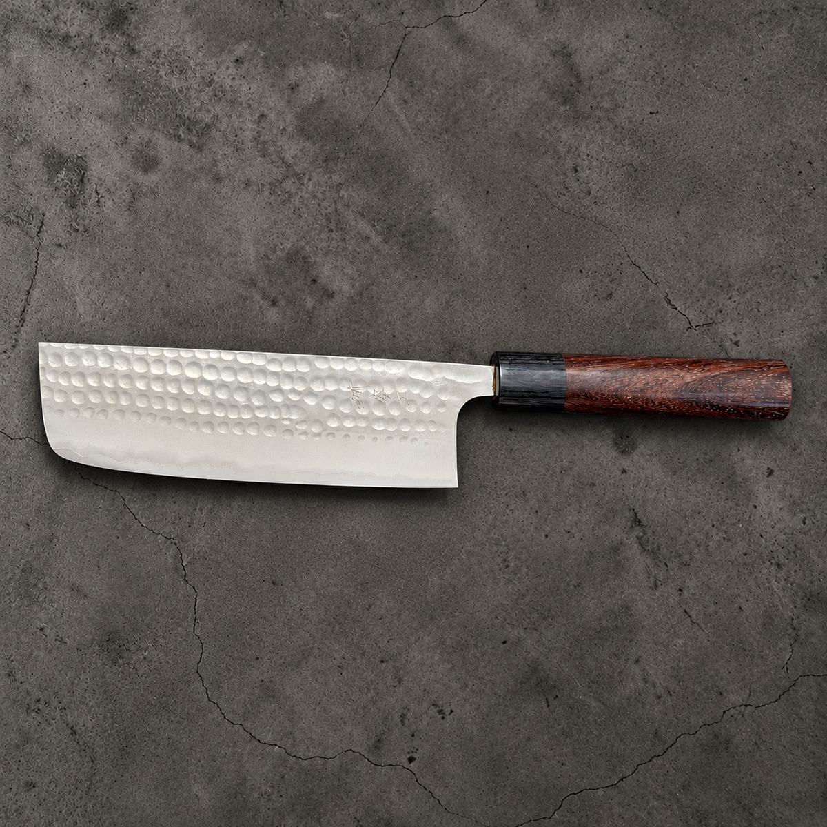 Full engraved-side profile of Anryu Aogami #2 Nakiri 165mm with rosewood circle handle