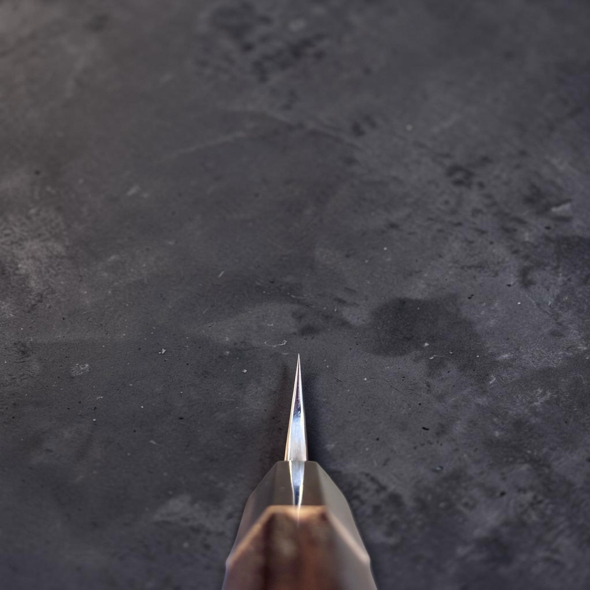 Anryu Aogami #2 Tsuchime Petty 120 mm with burnt wood handle and black buffalo horn ferrule, centered choil and tip view showing thin geometry.