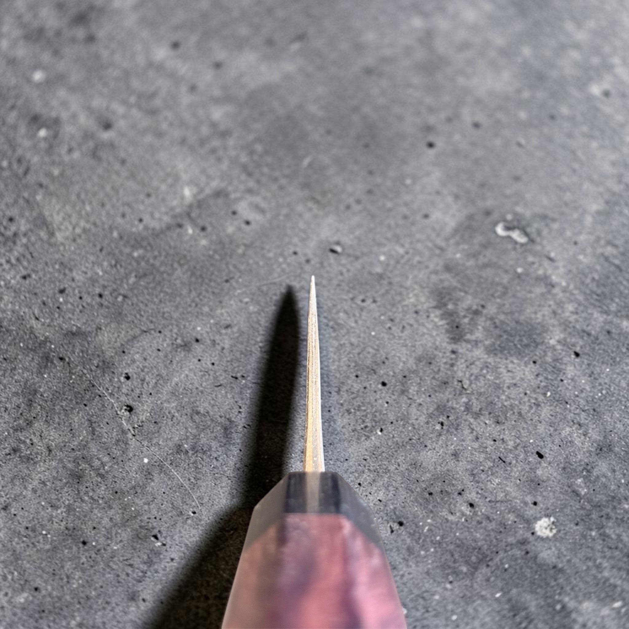 Anryu Aogami Super Kurouchi Gyuto 210 mm, spine view close-up showing the thin grind and fine taper toward the tip.