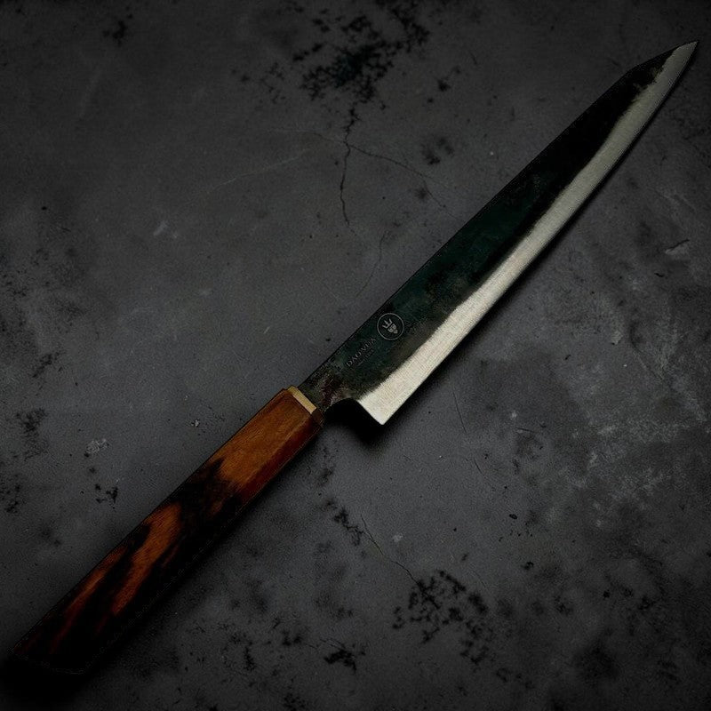 Dao Vua Special Edition Sujihiki 270mm Slicer Carbon Steel Kurouchi Ebony and Brass Wa Handle - Tokushu Knife
