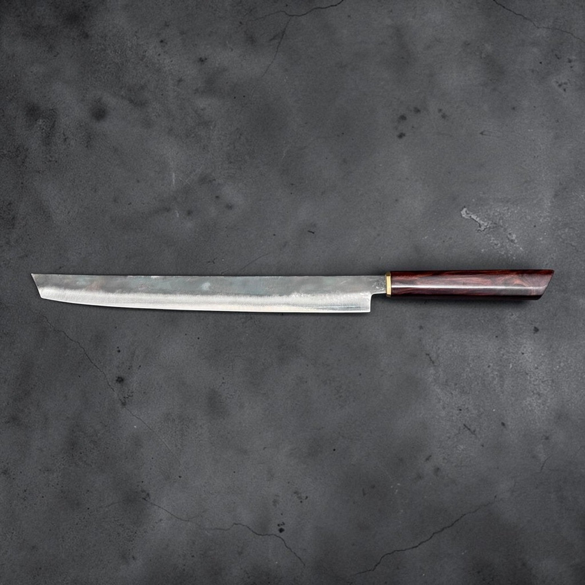 Dao Vua Special Edition Sujihiki Slicer 350 mm, full side profile of long slicer blade.
