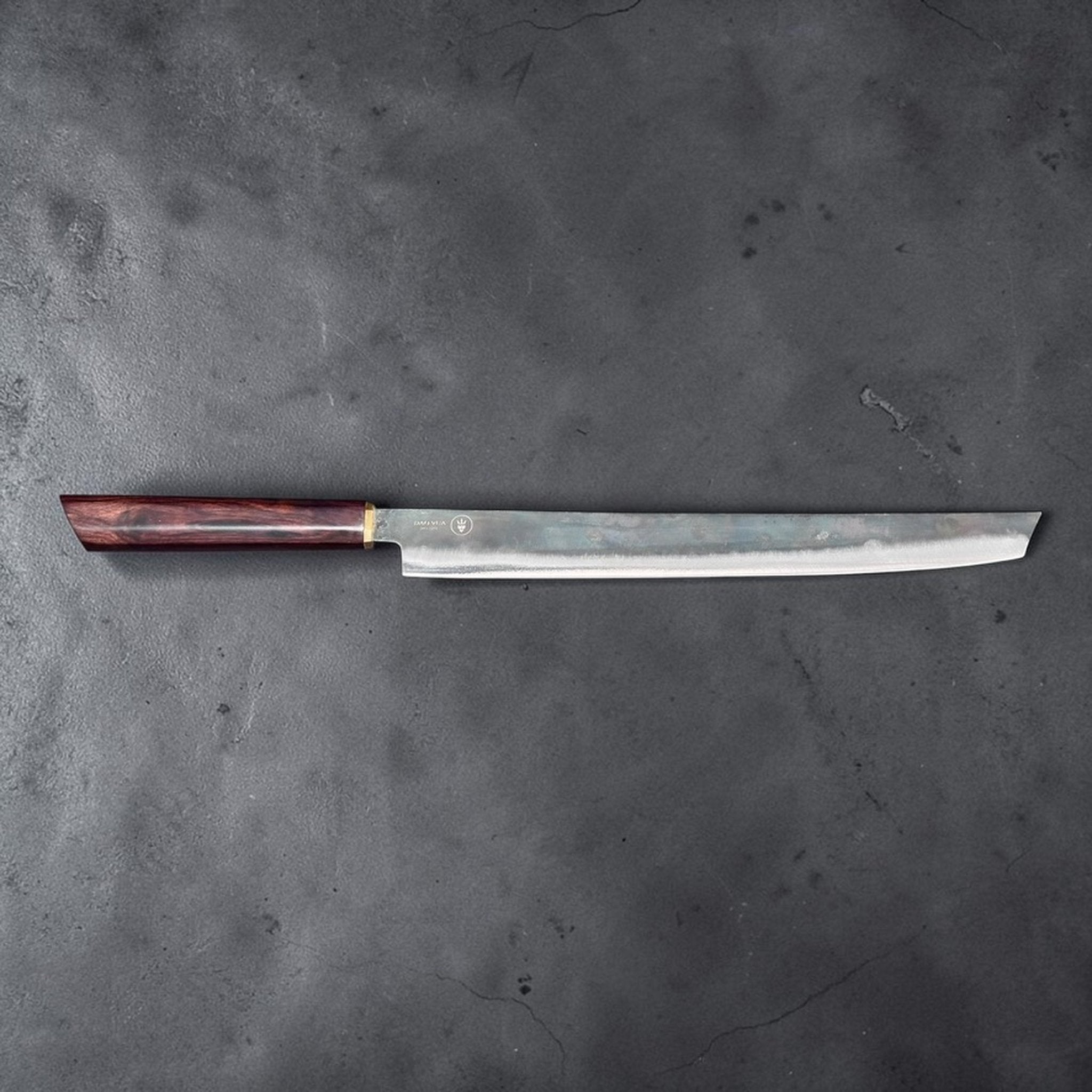Dao Vua Special Edition Sujihiki Slicer 350 mm, opposite side profile with rustic blade finish.