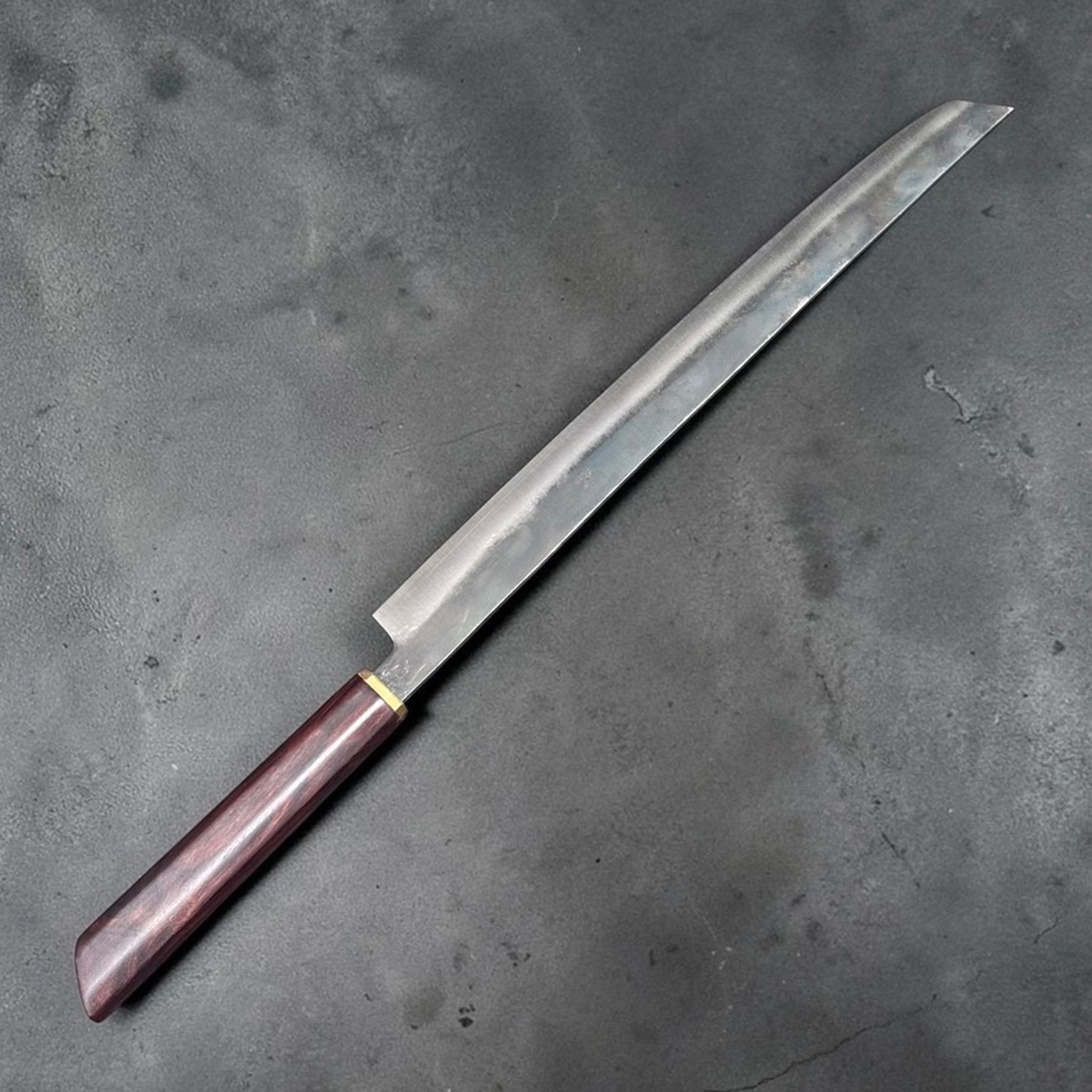 Dao Vua Special Edition Sujihiki Slicer 350 mm, angled product view showing long blade and wood handle.