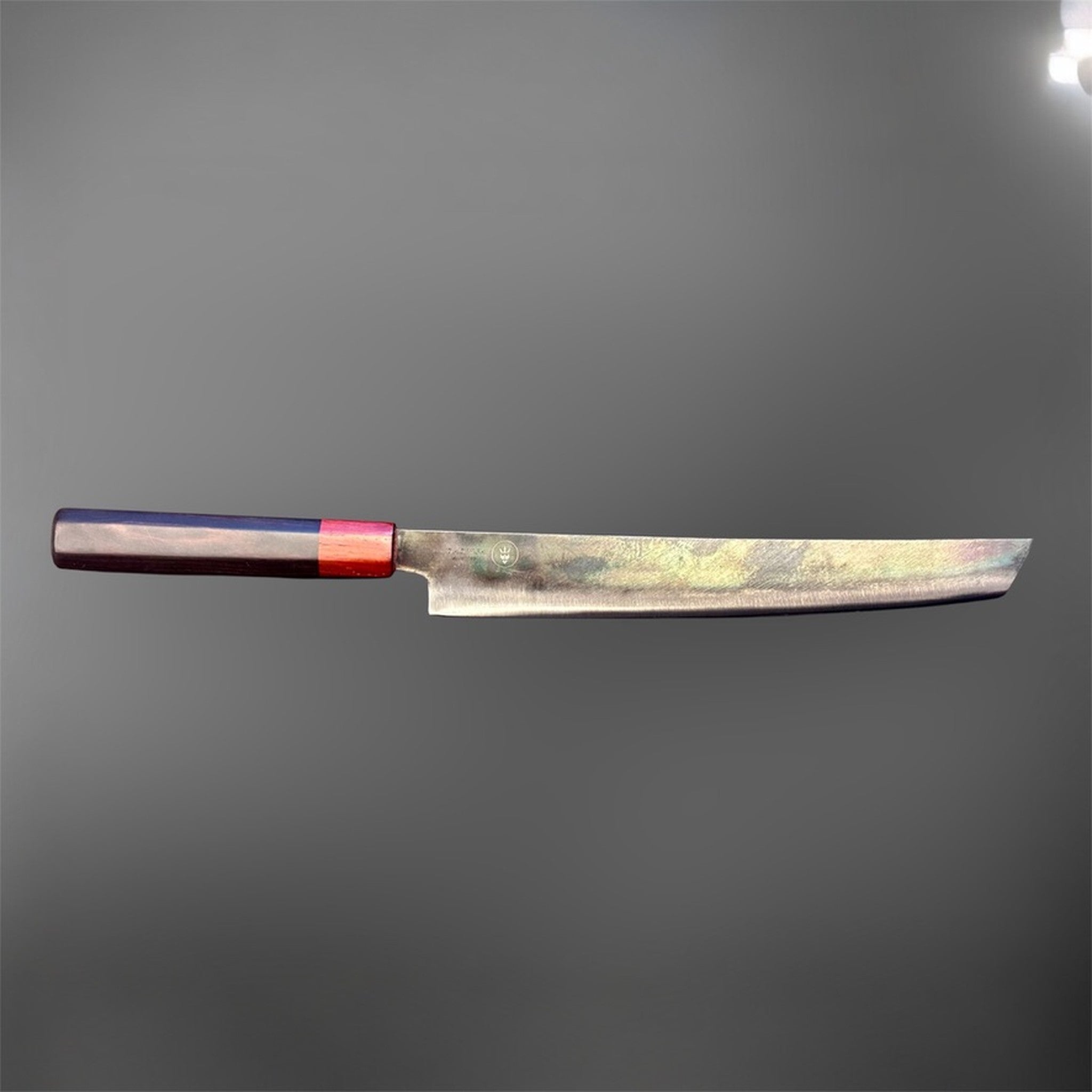 Dao Vua V3 52100 carbon steel 270 mm sakimaru sujihiki slicer, full profile side view with dark wa handle and red ferrule.