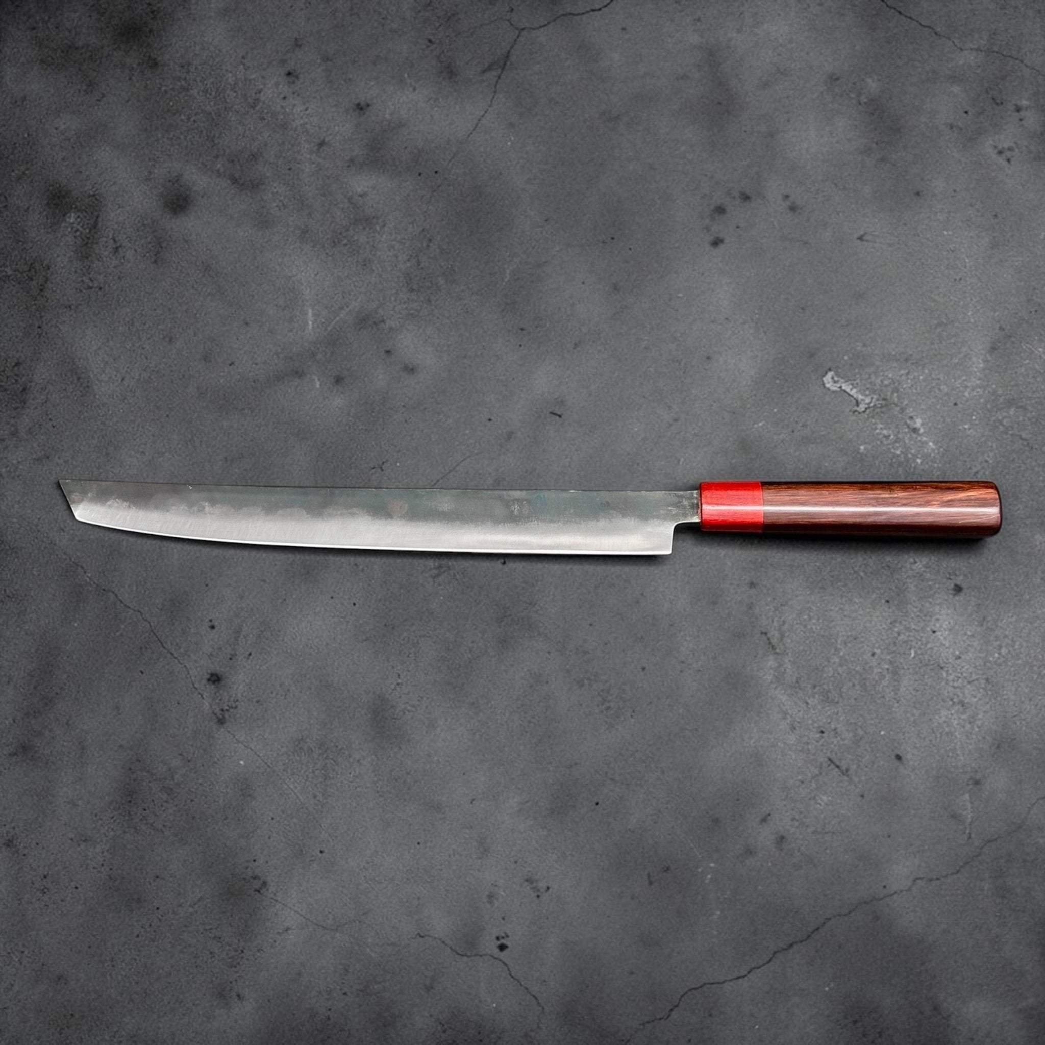 Dao Vua V3 52100 Sujihiki Slicer 350 mm with Hardwood Saya, full blade profile showing long sujihiki slicer shape and red-accented wa handle.