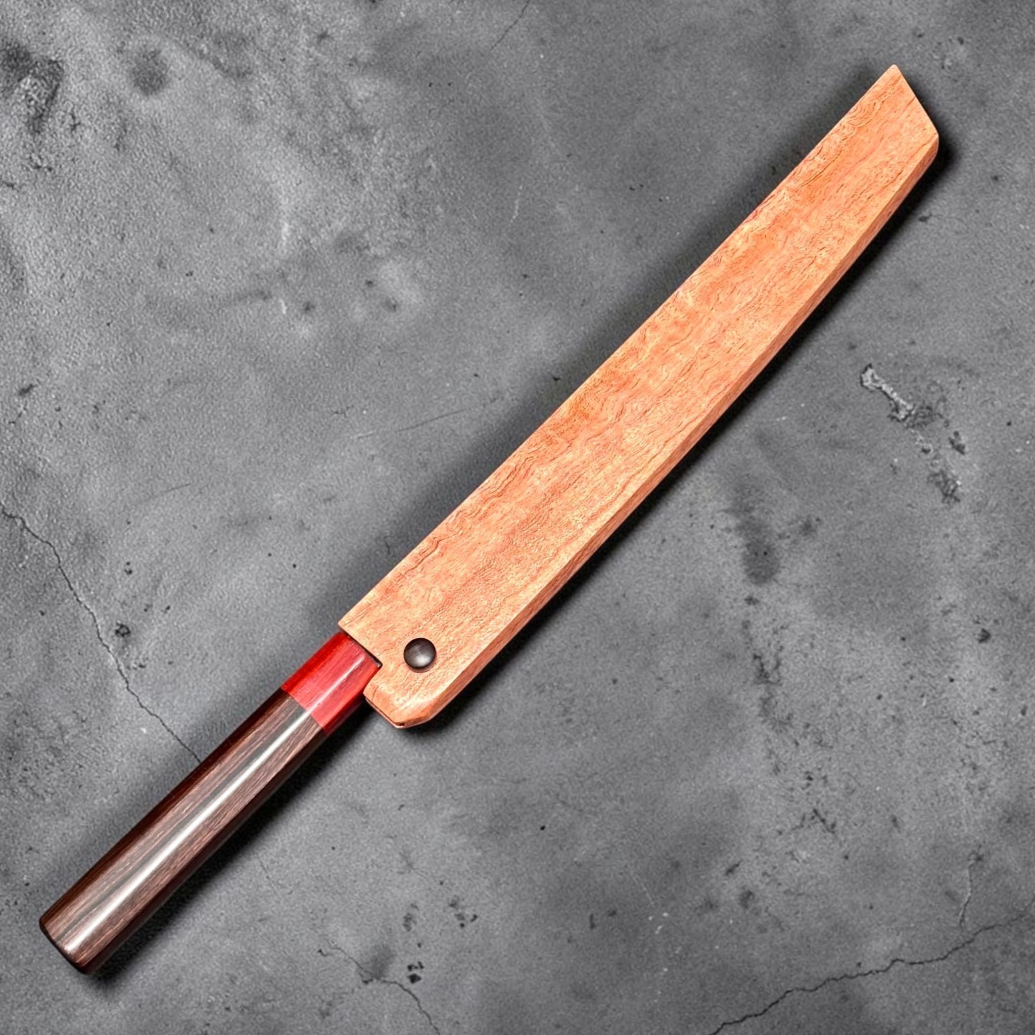 Dao Vua V3 52100 Sujihiki Slicer 350 mm with Hardwood Saya, close-up of the hardwood saya grain and red-accented handle.