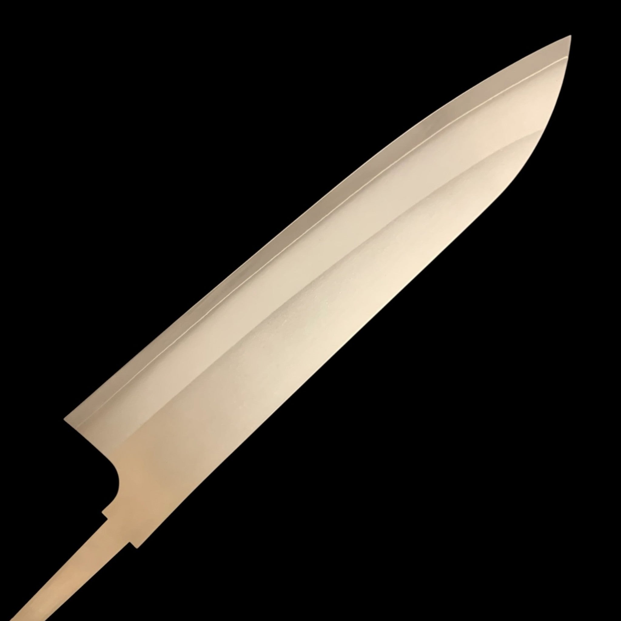 Daruma Hamono Ginsan #3 Gyuto 210 mm, full bare blade on black background, no handle.