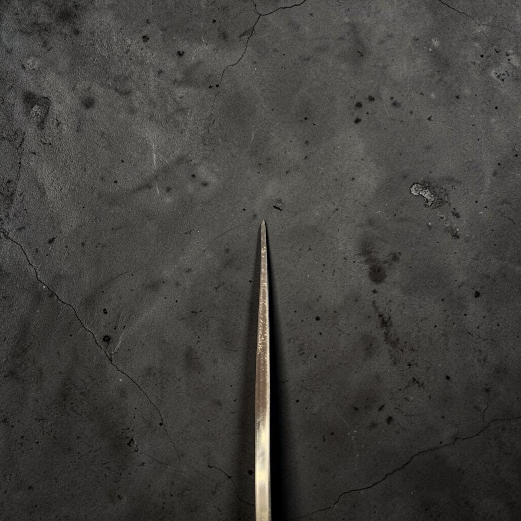 Daruma Hamono Ginsan #3 Migaki Gyuto 240mm blade-only, product photo choil shot.