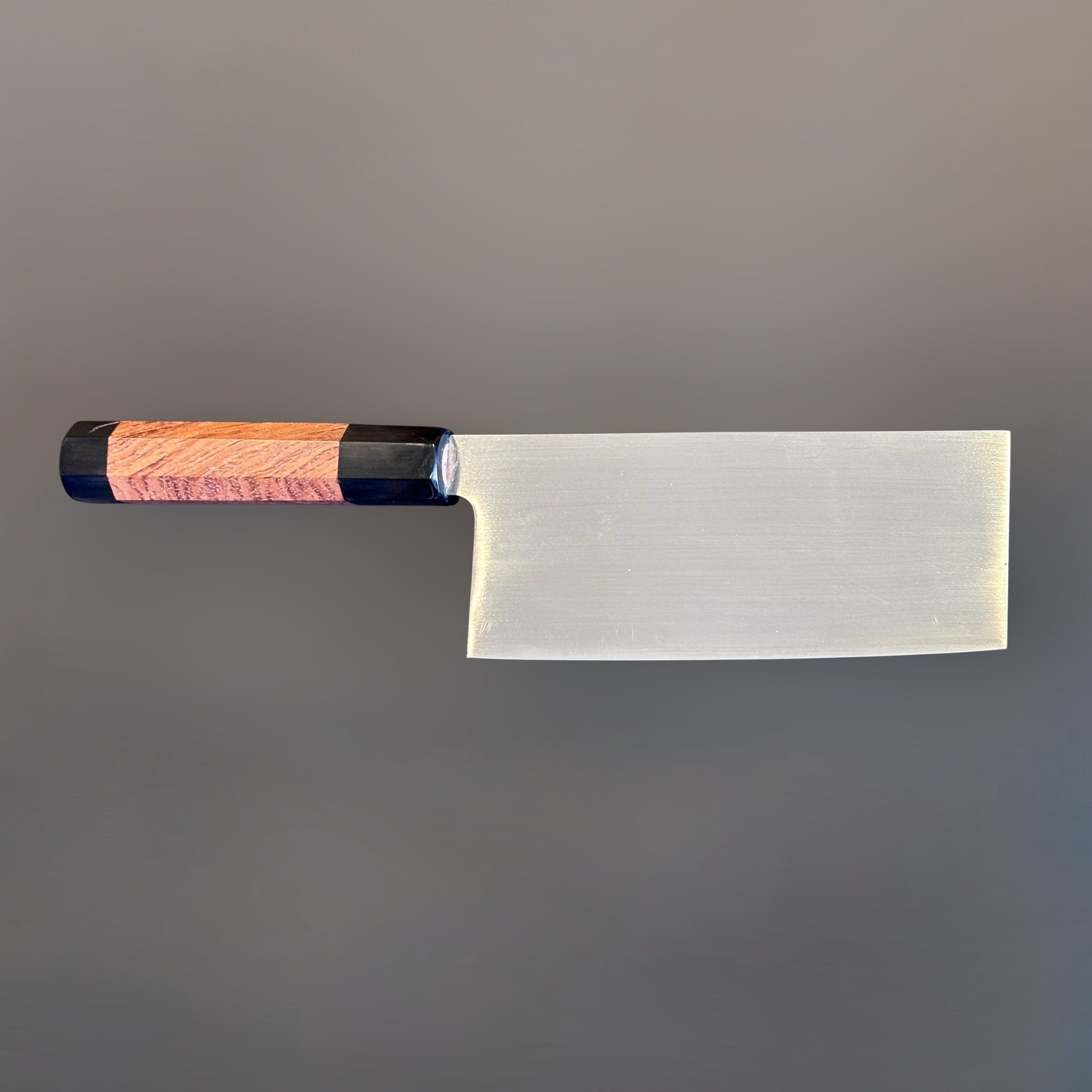 Fook Kee Model #3 stainless steel 180 mm Chinese vegetable cleaver with custom wa handle and buffalo horn accents, front side blade profile.