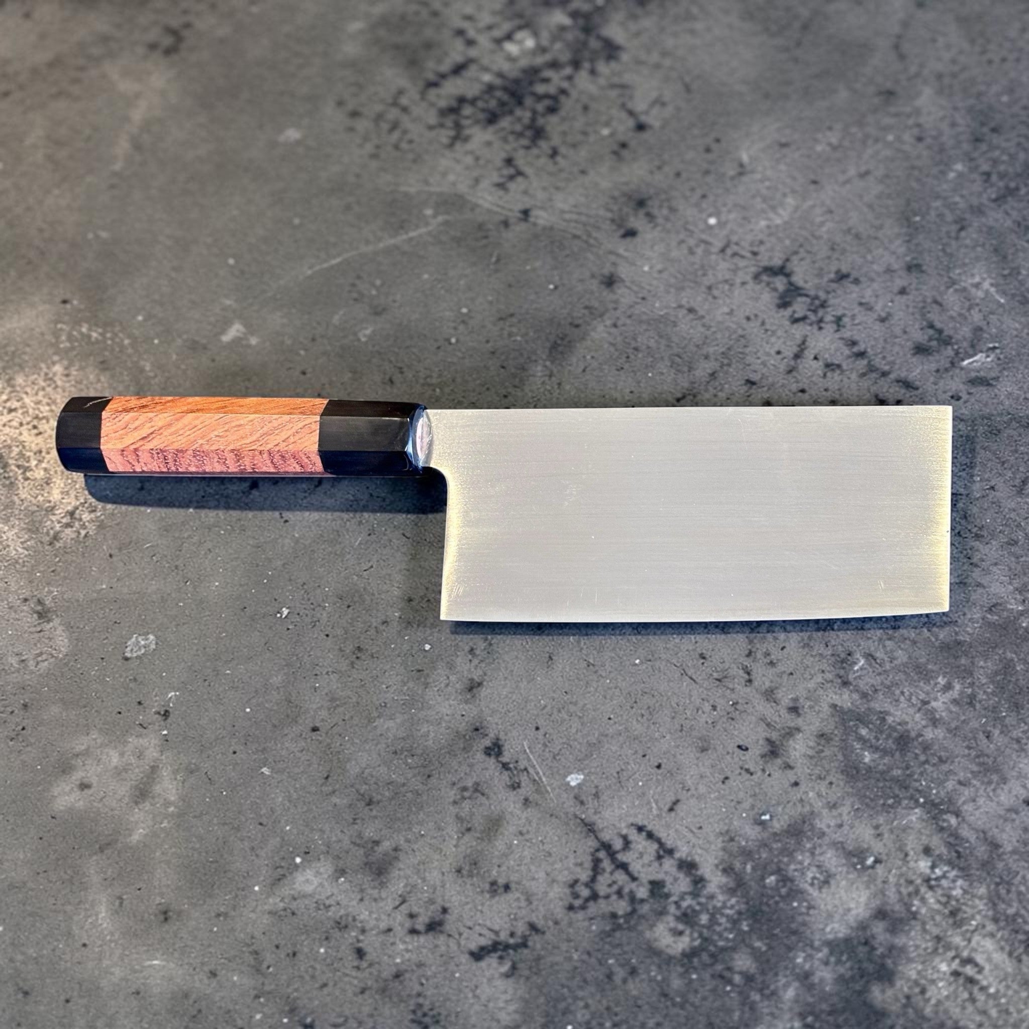 Fook Kee Model #3 stainless steel 180 mm Chinese vegetable cleaver with custom wa handle and buffalo horn accents, front side blade profile.