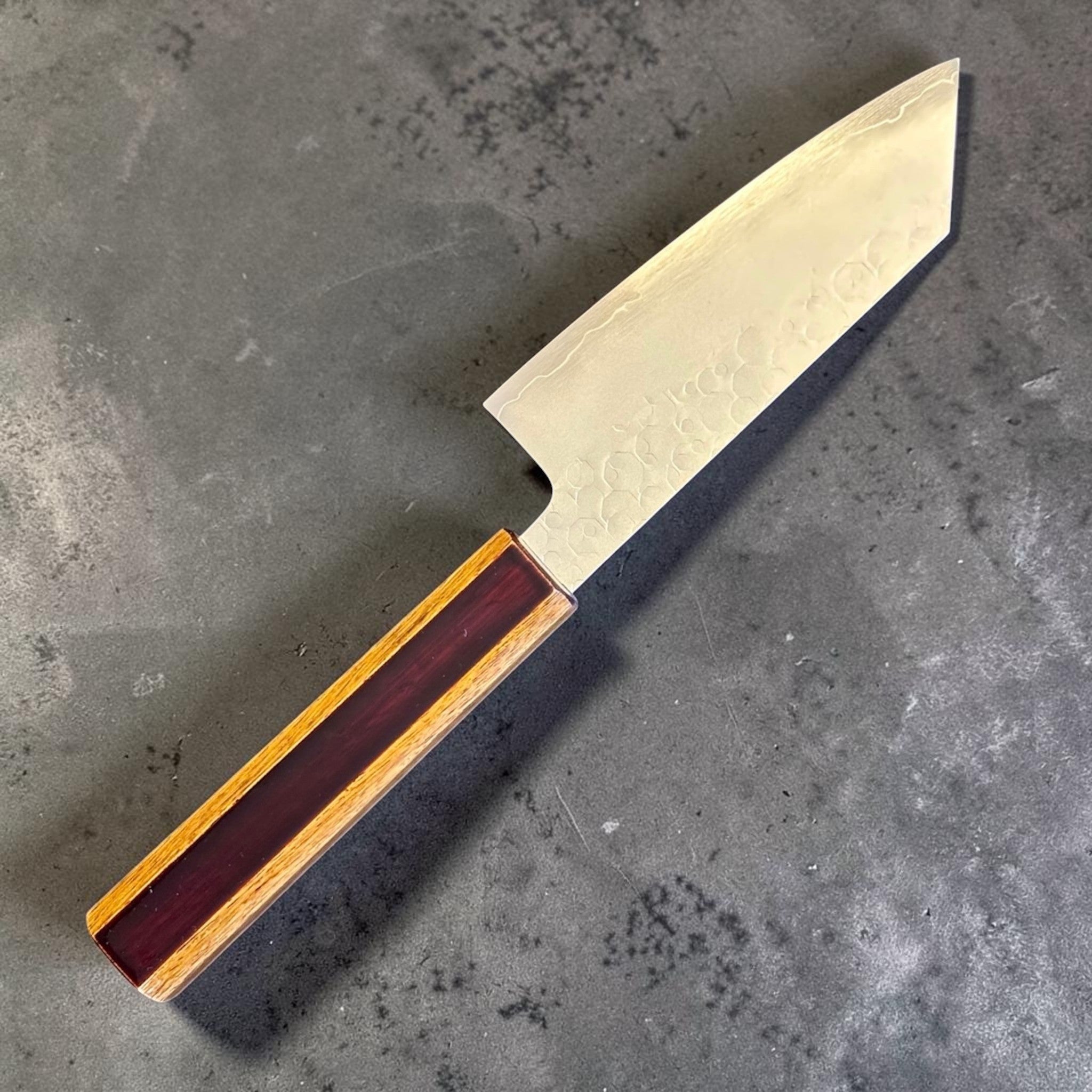 Hado SG2 Shiosai Urushi Ko Bunka 135 mm, angled full view showing the satin blade and urushi handle left side.
