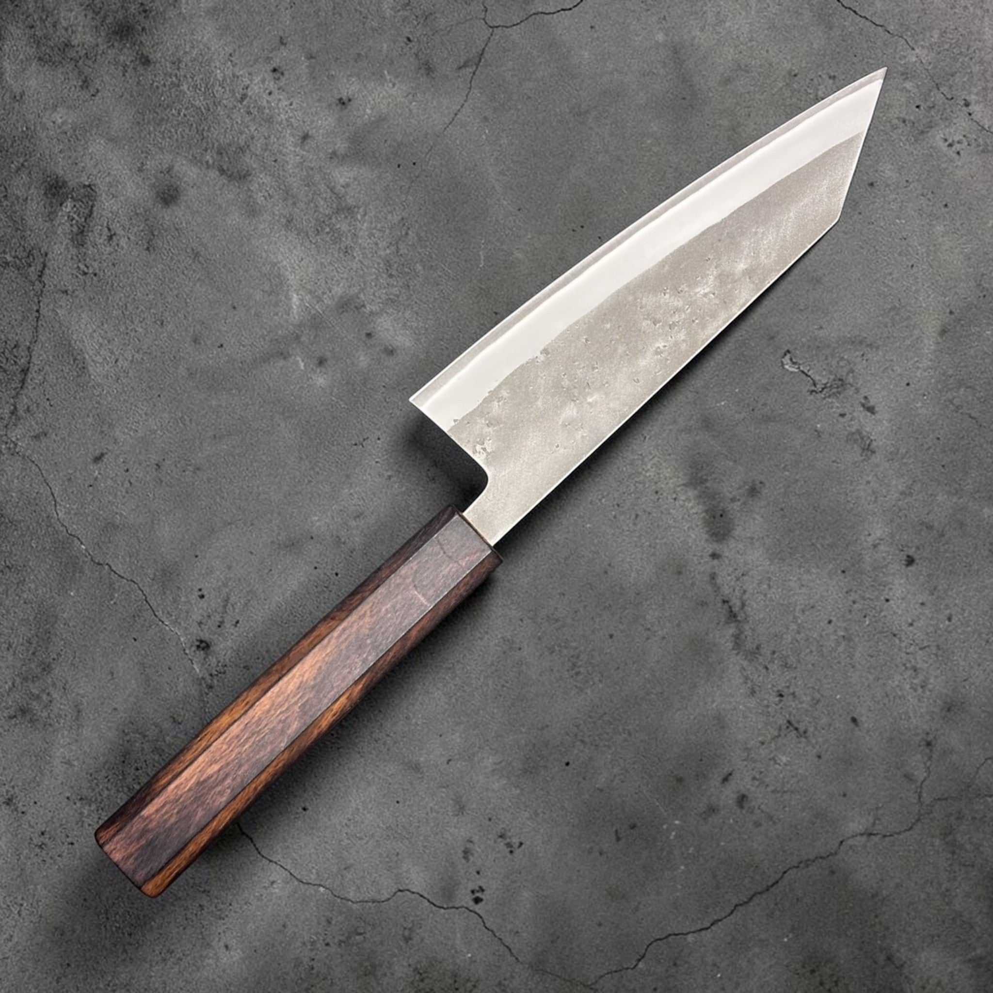 Hado SLD Nashiji Bunka 165 mm, left-side face with nashiji finish; octagonal dark-wood wa handle, balanced studio lighting on neutral grey.
