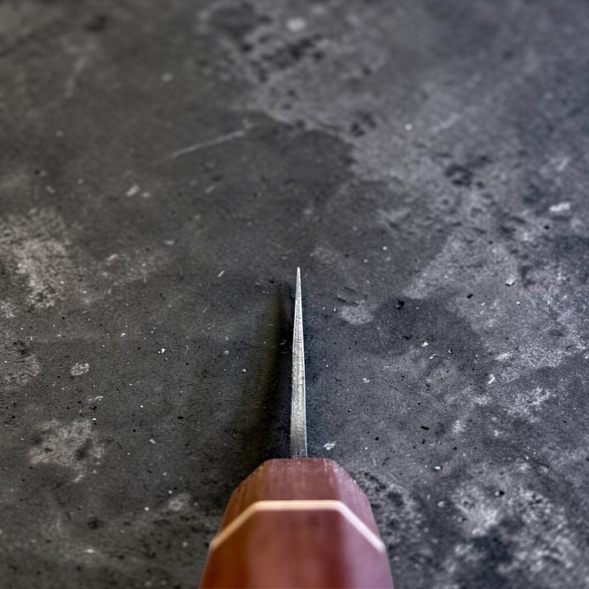 Choil shot of the Hatsukokoro Aokitae Blue #2 Kurouchi Santoku 180 mm, showing spine thickness and taper from the handle toward the edge.