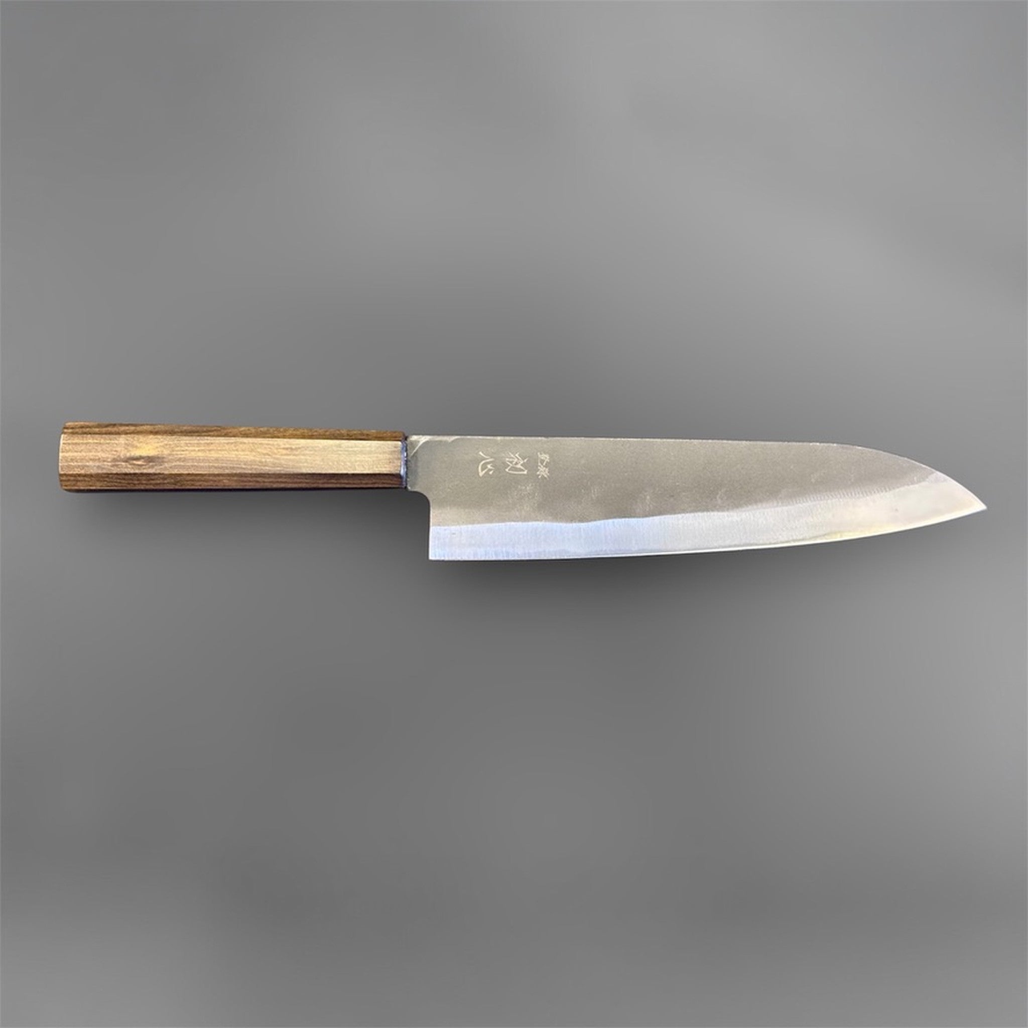 Hatsukokoro Blue #2 Kurouchi Gyuto 220 mm with mono ebony handle, full side profile showing the gentle gyuto curve.