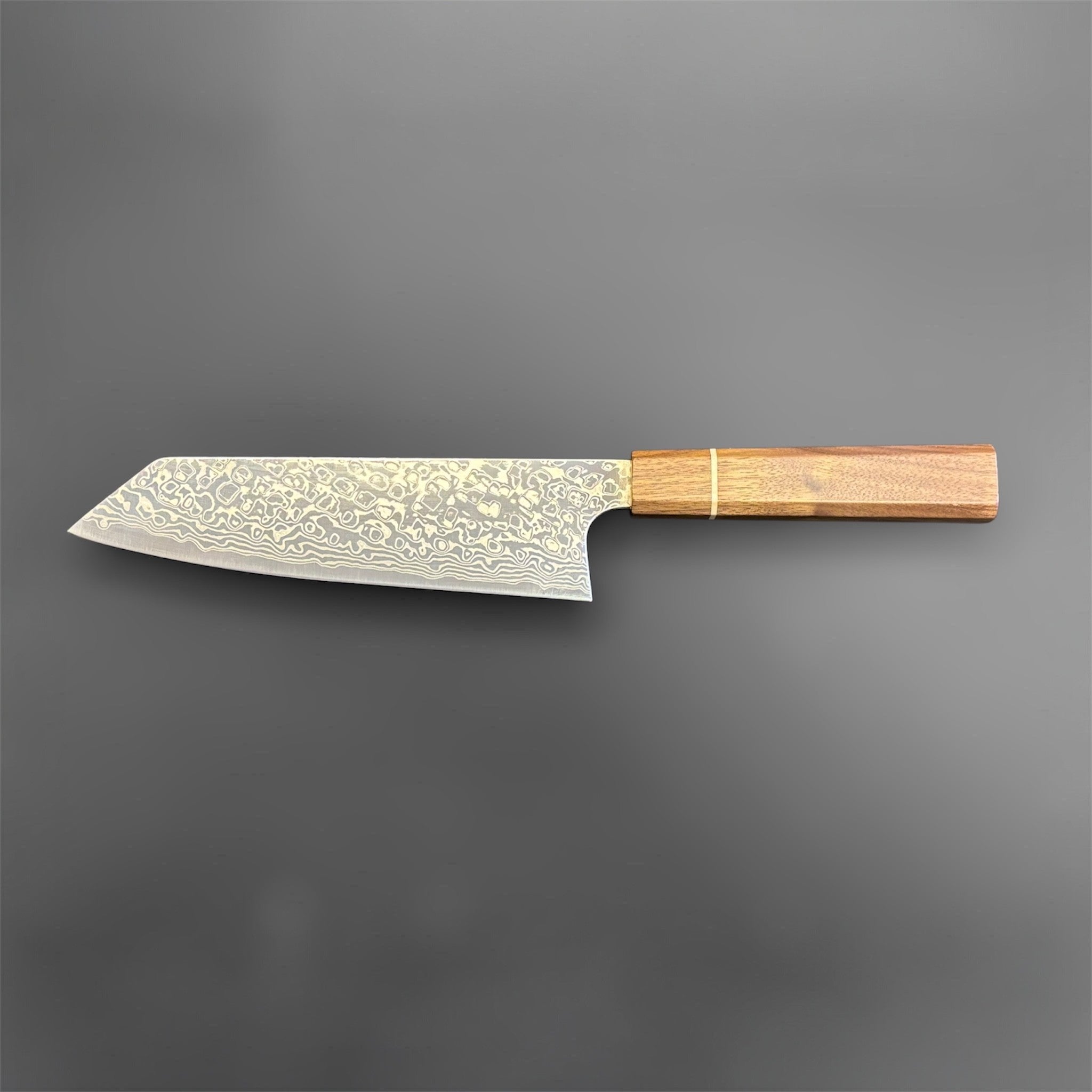 Hatsukokoro Ginga ATS-34 Nickel Damascus Bunka 170 mm with Sanjo walnut handle and maple stripe, full profile reverse view.