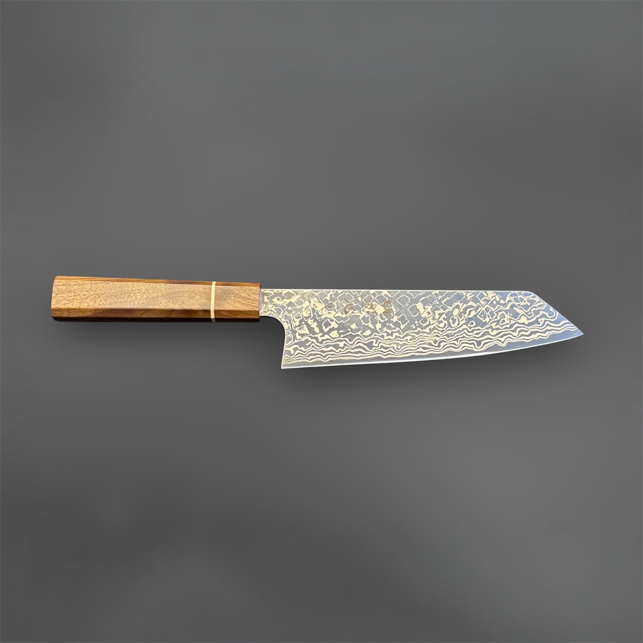 Hatsukokoro Ginga ATS-34 Nickel Damascus Bunka 170 mm with Sanjo walnut handle and maple stripe, full profile view of the bunka.
