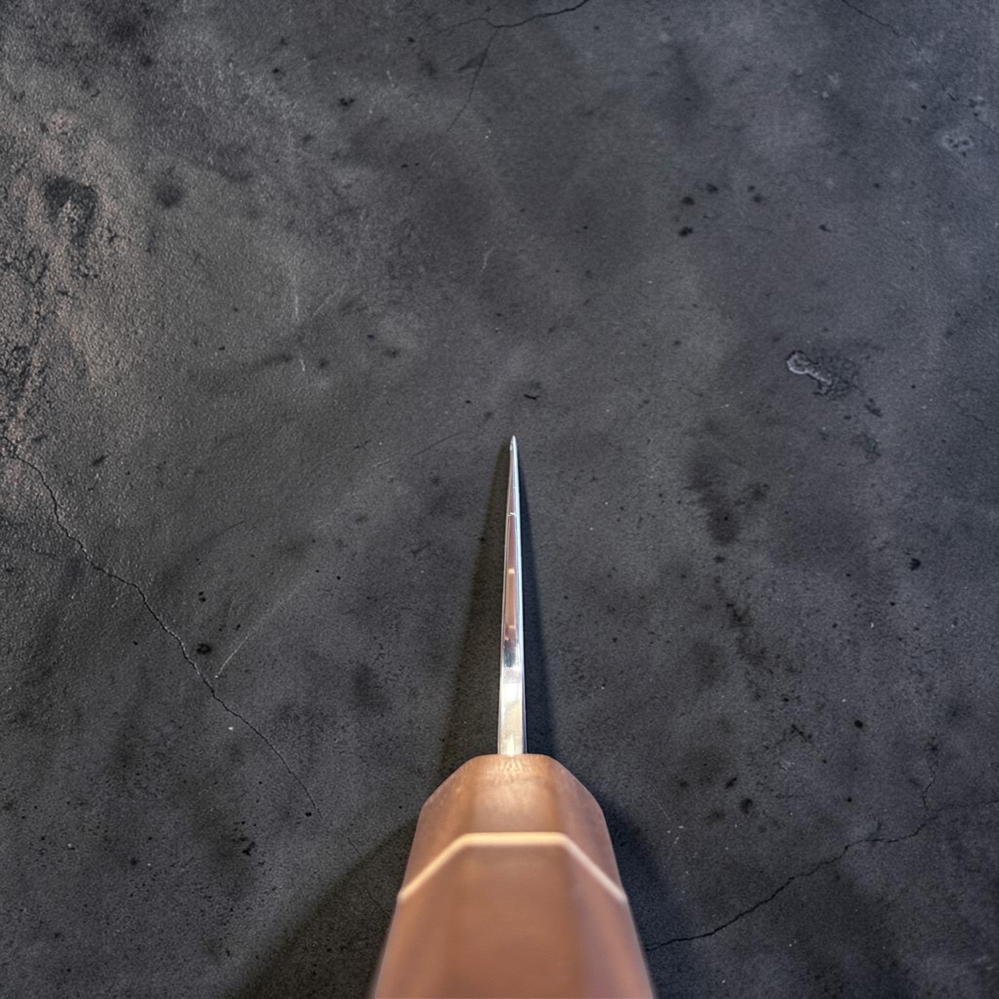 Hatsukokoro Ginga ATS-34 Nickel Damascus Gyuto 210 mm with Sanjo walnut handle and maple stripe, close-up choil shot showing blade geometry and spine taper.