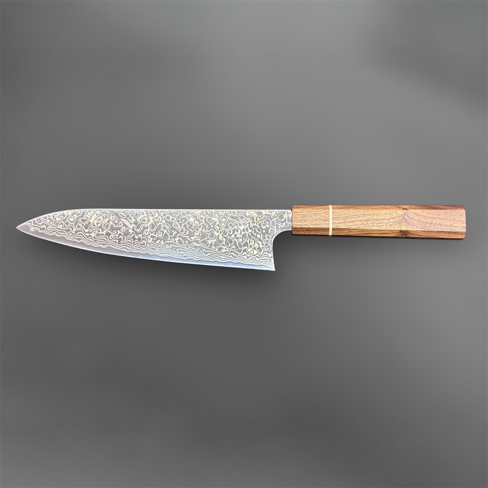 Hatsukokoro Ginga ATS-34 Nickel Damascus Gyuto 210 mm with Sanjo walnut handle and maple stripe, full profile reverse view.