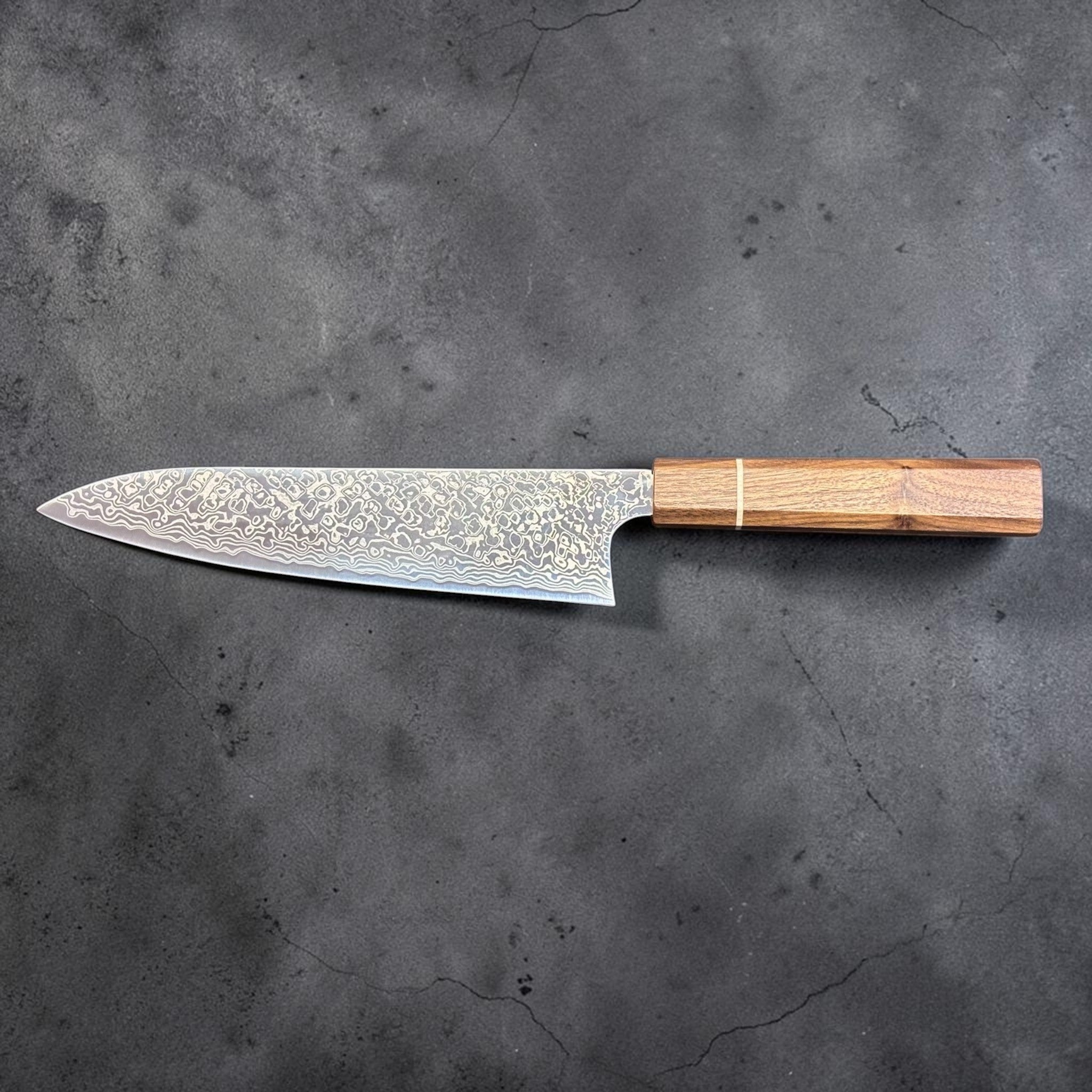 Hatsukokoro Ginga ATS-34 Nickel Damascus Gyuto 210 mm with Sanjo walnut handle and maple stripe, full profile reverse view.