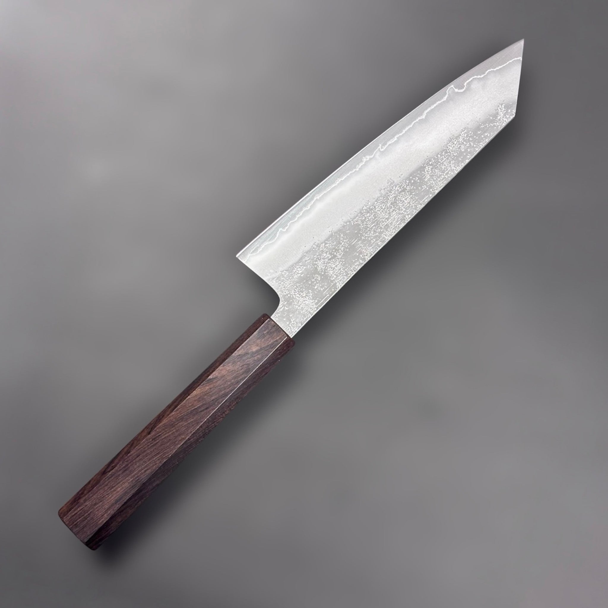 Hatsukokoro Ginrei Silver #3 Bunka 170 mm, alternate angle highlighting the hamon-like cladding line and grind.