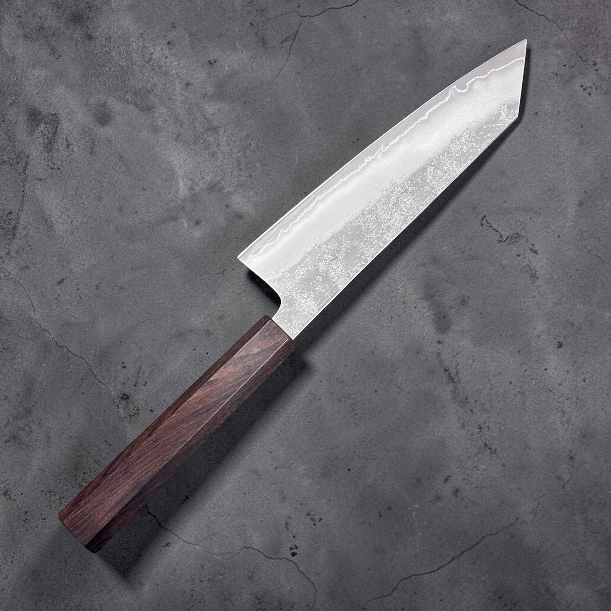 Hatsukokoro Ginrei Silver #3 Bunka 170 mm, alternate angle highlighting the hamon-like cladding line and grind.