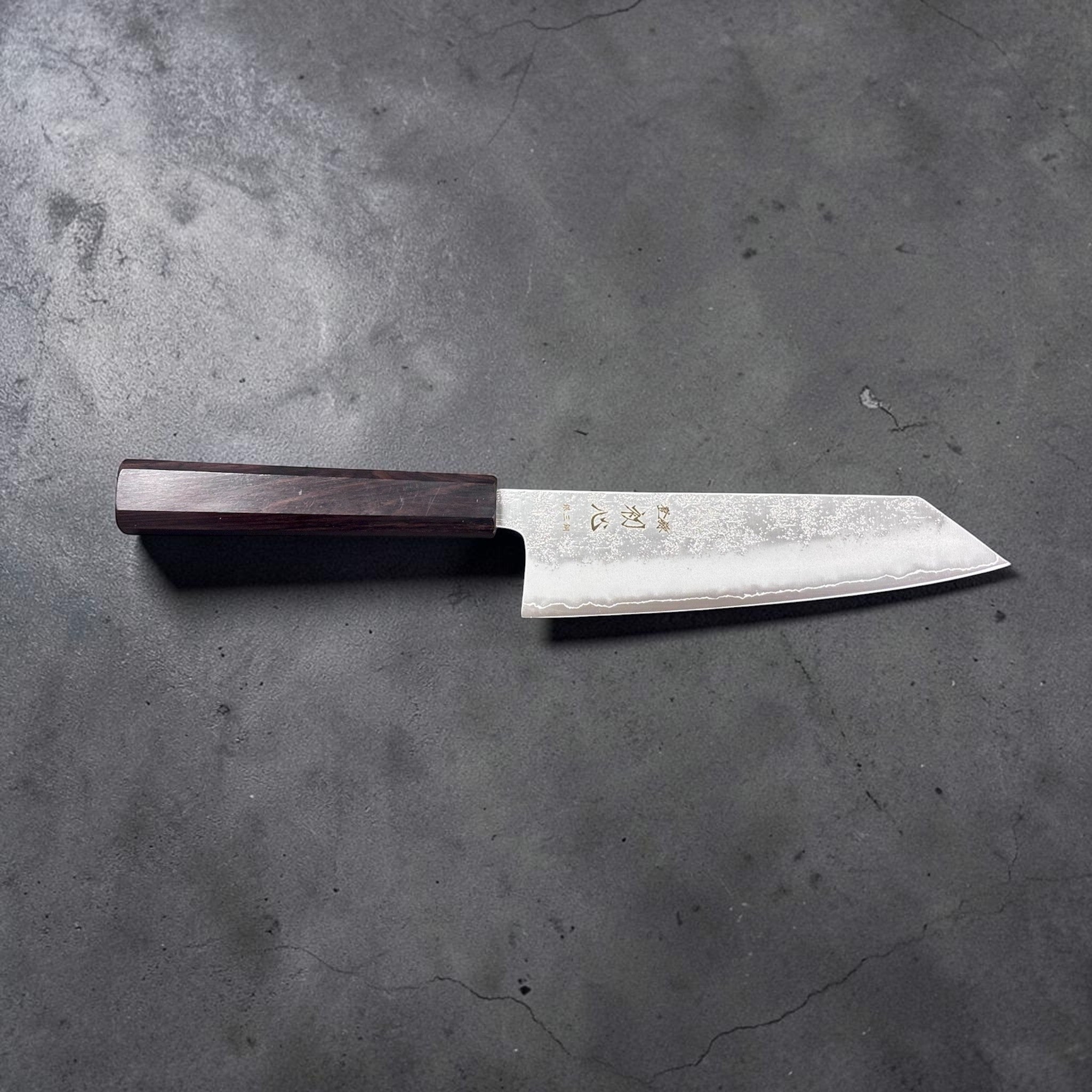 Hatsukokoro Ginrei Silver #3 Bunka 170 mm, full side profile on neutral background with mono ebony handle.