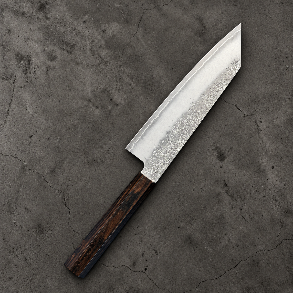 Hatsukokoro Ginrei Ko Bunka 150mm, angled reverse side showing nashiji finish and ebony handle