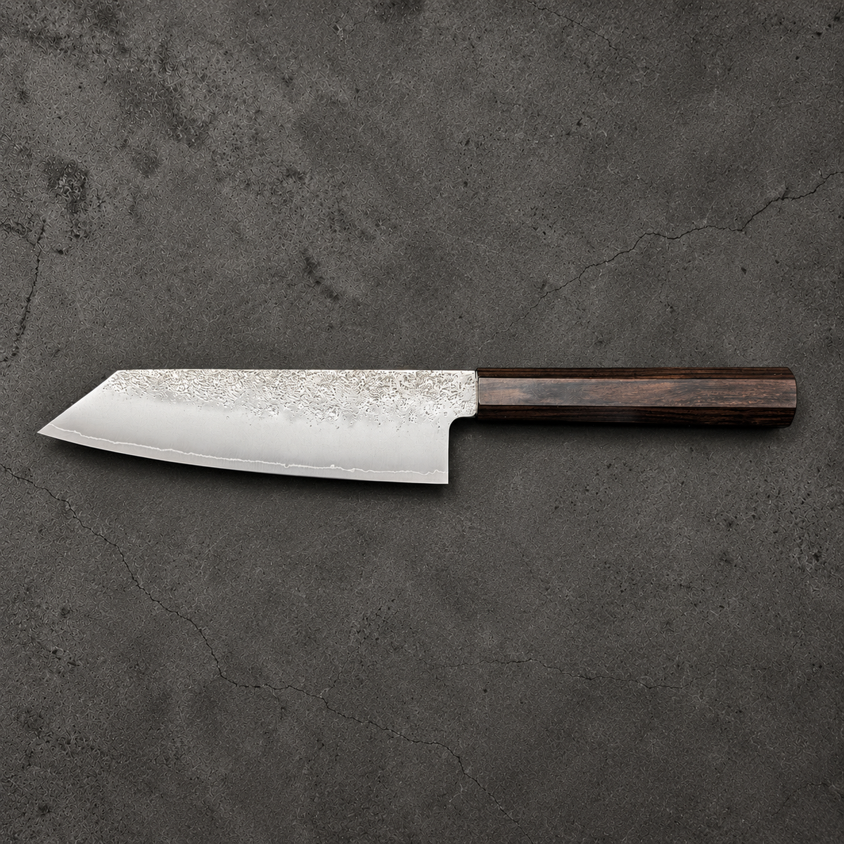 Hatsukokoro Ginrei Ko Bunka 150mm, full reverse profile with mono ebony handle on the right