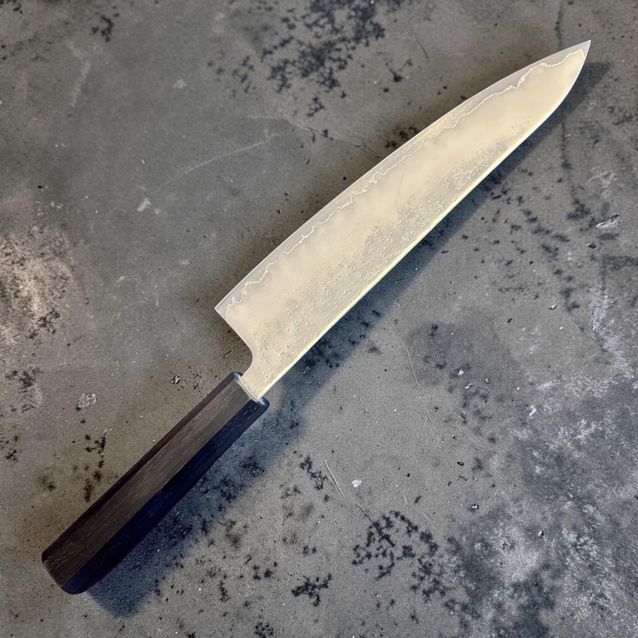 Hatsukokoro Ginrei Silver #3 Gyuto 210 mm with mono ebony handle, angled full knife view.