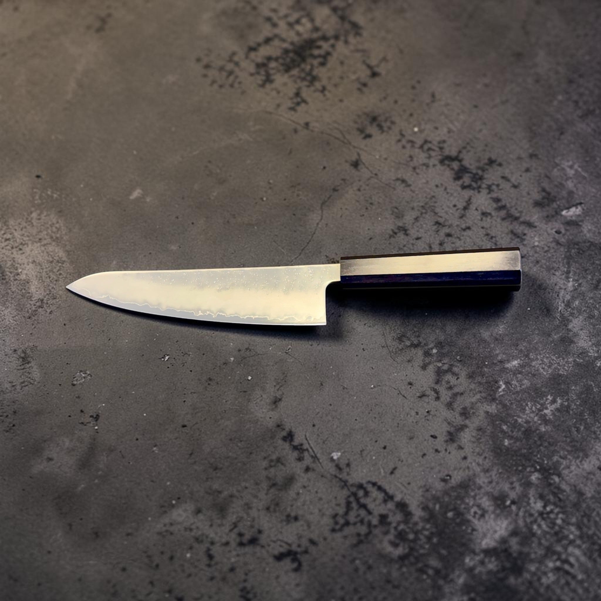 Hatsukokoro Ginrei Silver #3 Gyuto 210 mm with mono ebony handle, reverse horizontal full profile view.