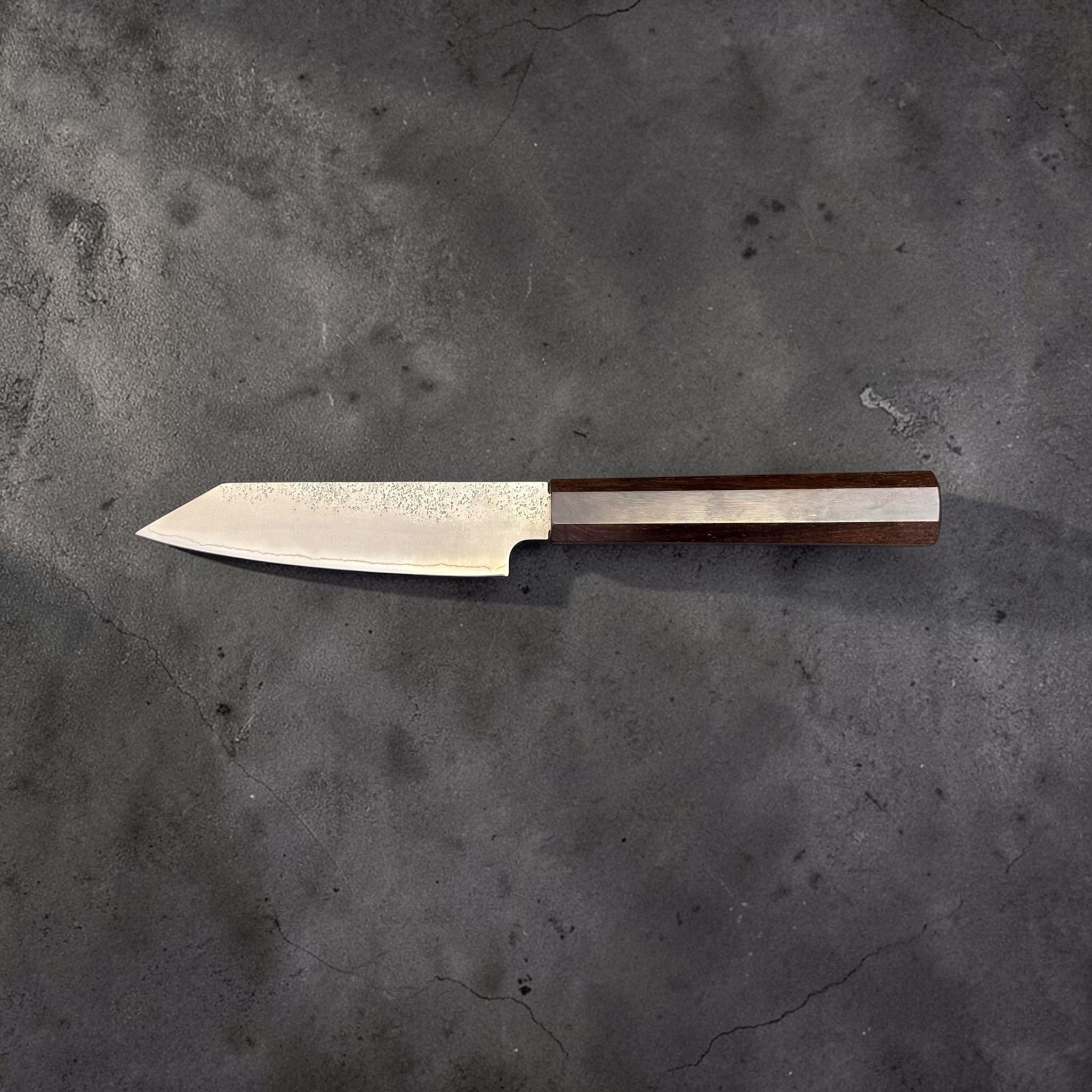 Hatsukokoro Ginrei Silver #3 Kiritsuke Petty 125 mm with mono ebony handle, full left-facing profile view.