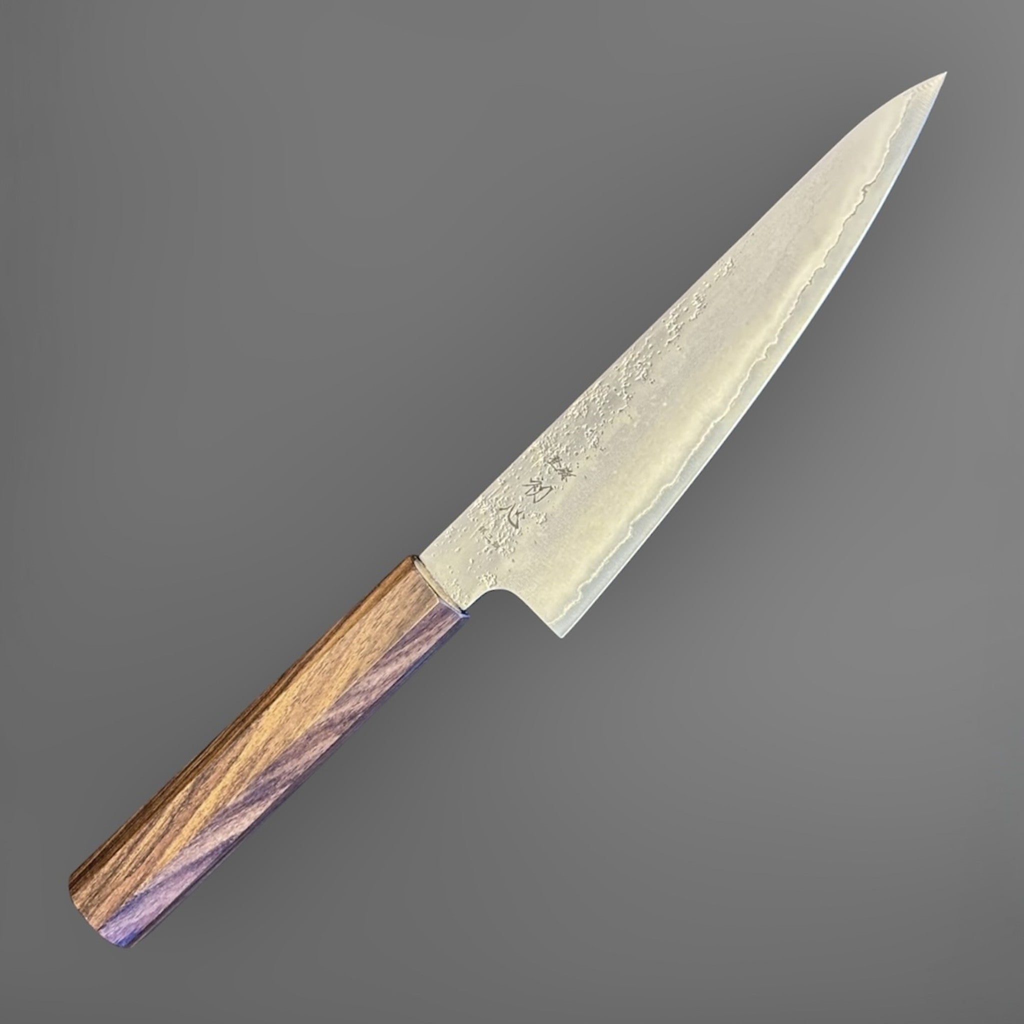 Hatsukokoro Ginrei Silver #3 Ko Santoku 150 mm with mono ebony handle, angled full-knife product view.