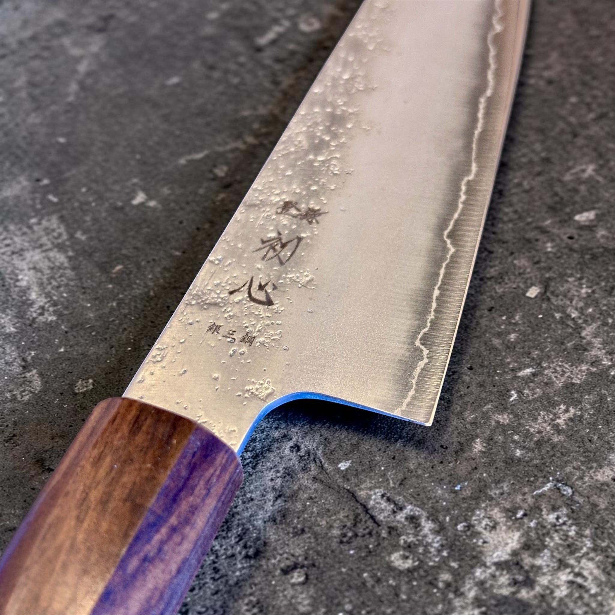 Hatsukokoro Ginrei Silver #3 Ko Santoku 150 mm, close-up of blade finish and kanji near the handle.
