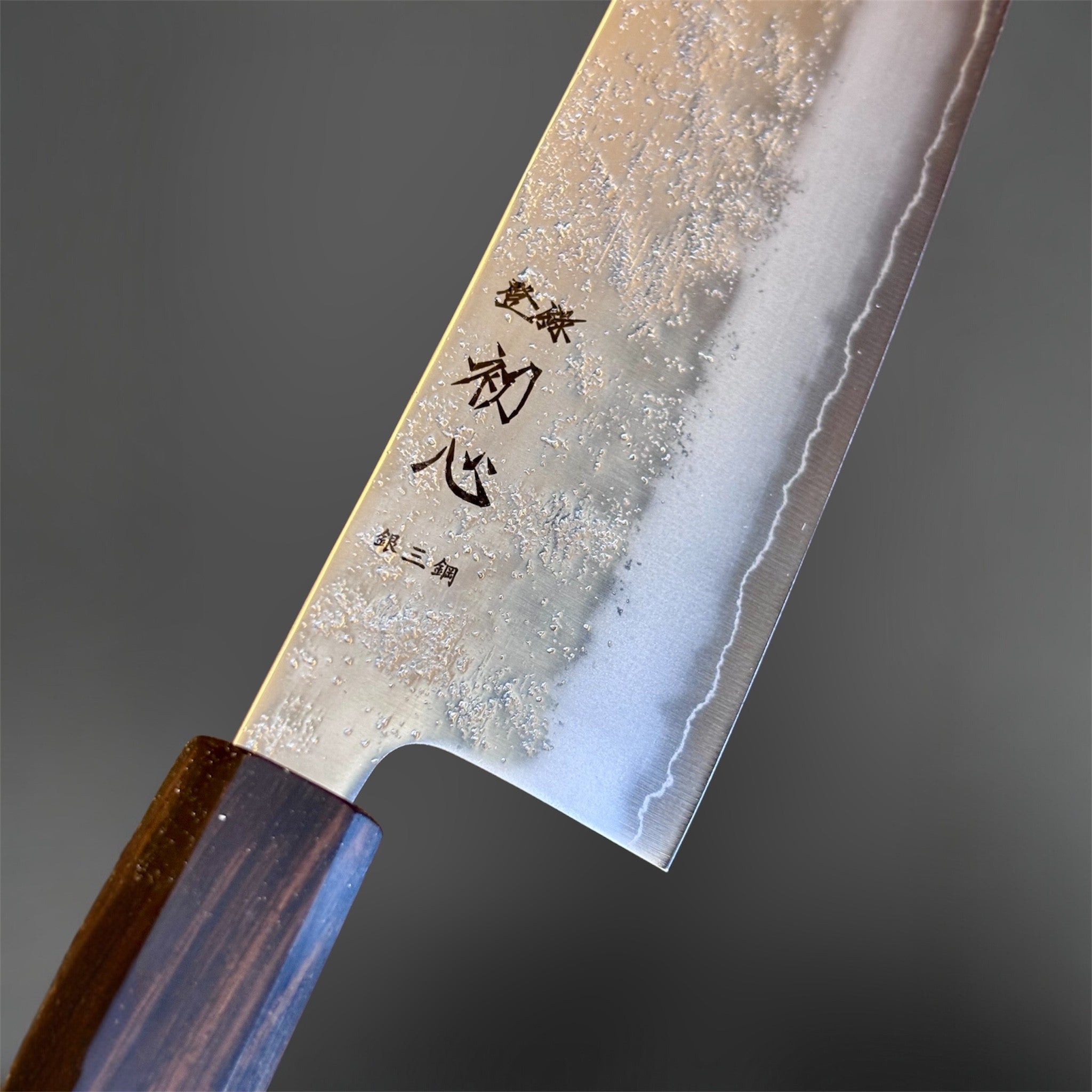 Hatsukokoro Ginrei Silver #3 Nakiri with mono ebony handle, close-up of blade finish and kanji.