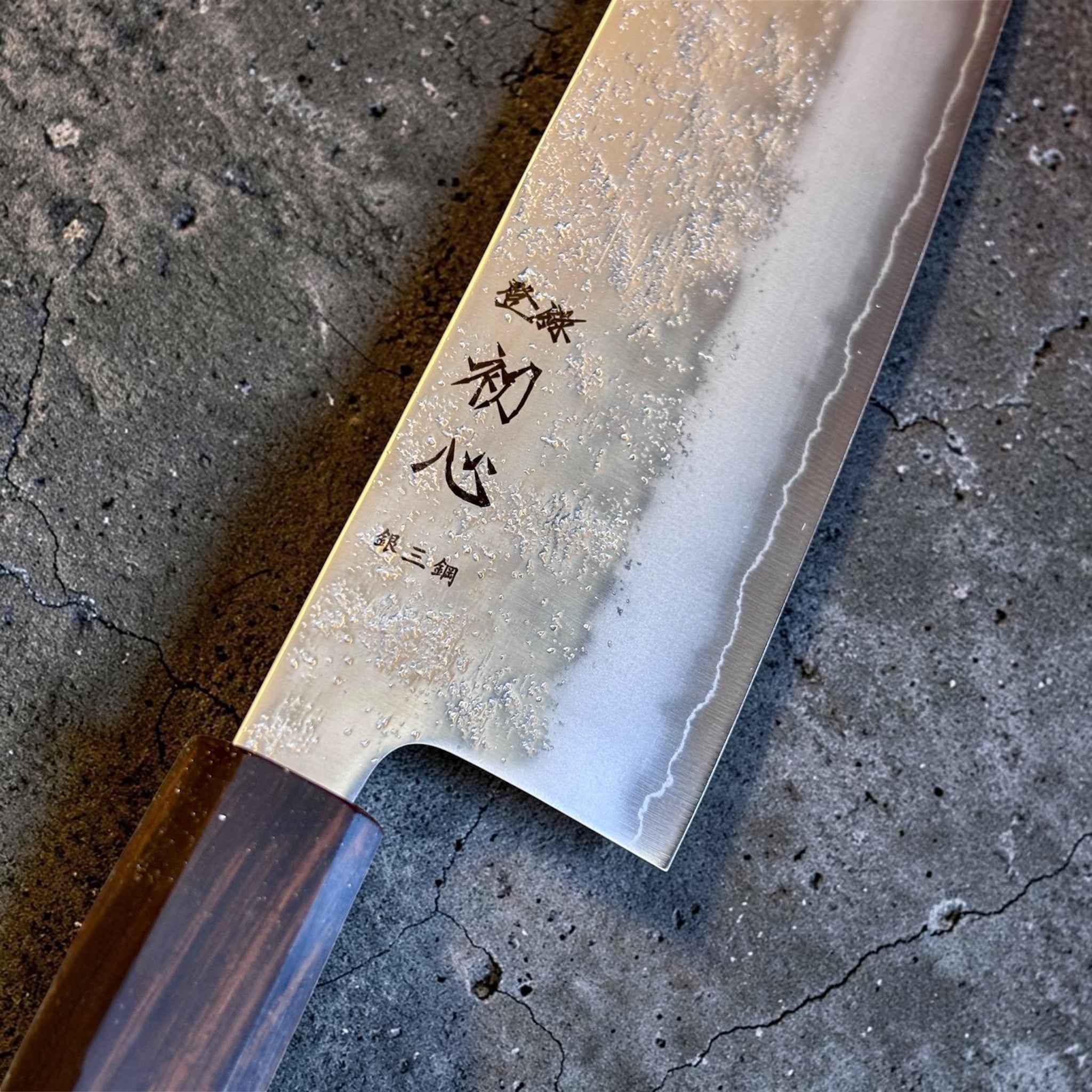 Hatsukokoro Ginrei Silver #3 Nakiri with mono ebony handle, close-up of blade finish and kanji.