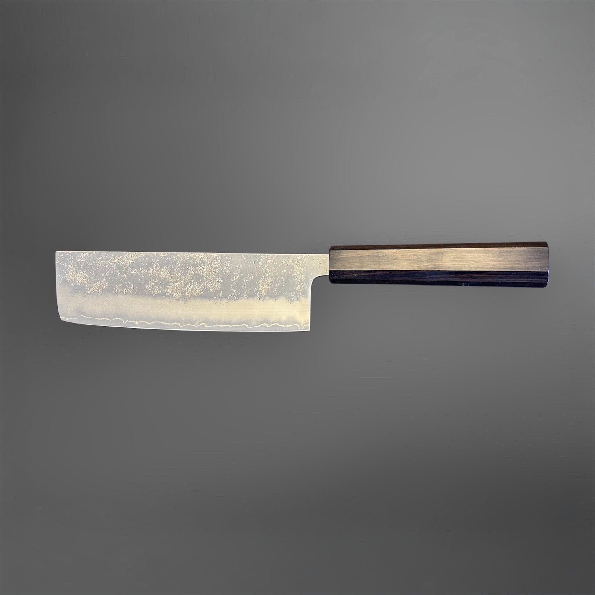Hatsukokoro Ginrei Silver #3 Nakiri with mono ebony handle, full side profile showing rectangular nakiri blade shape.