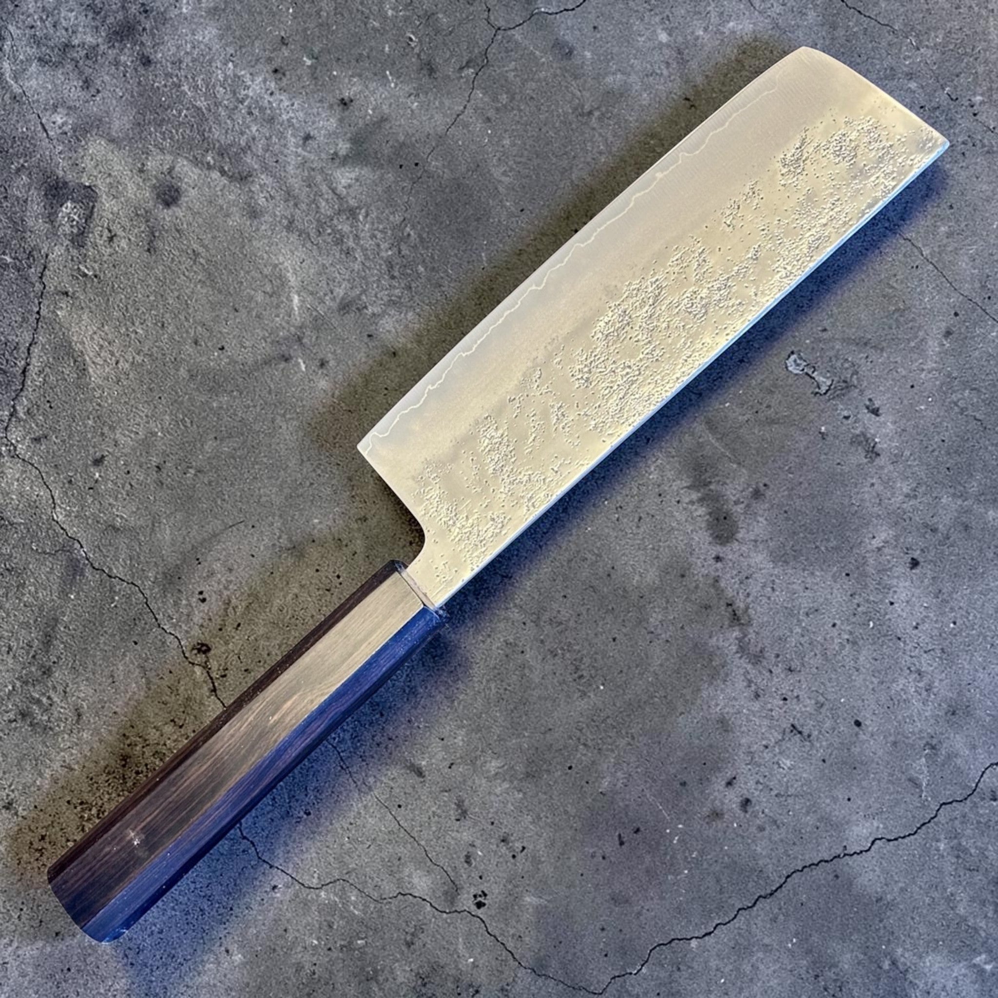 Hatsukokoro Ginrei Silver #3 Nakiri with mono ebony handle, angled full-knife product view.