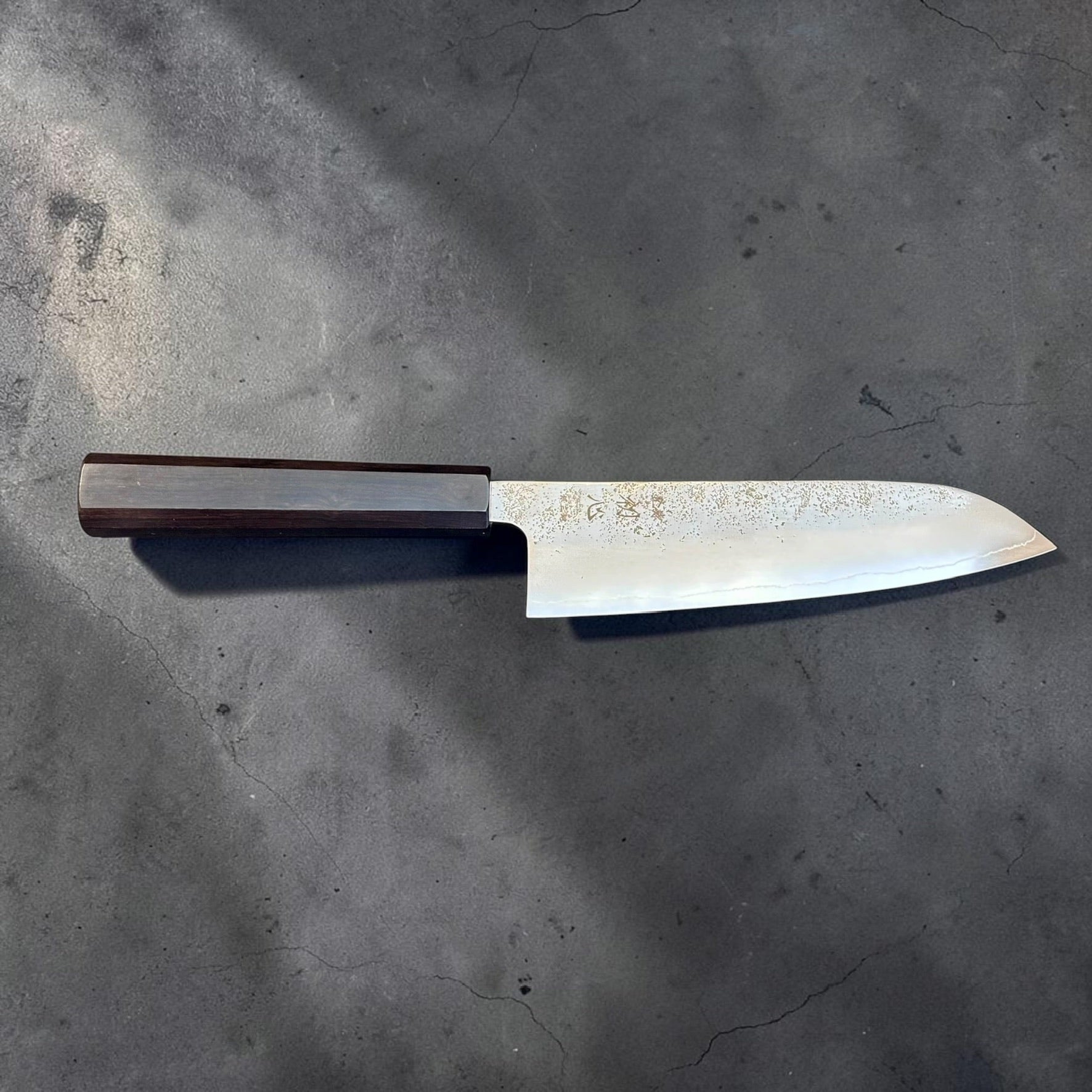 Full profile of Hatsukokoro Ginrei Silver #3 Santoku 170mm with nashiji finish