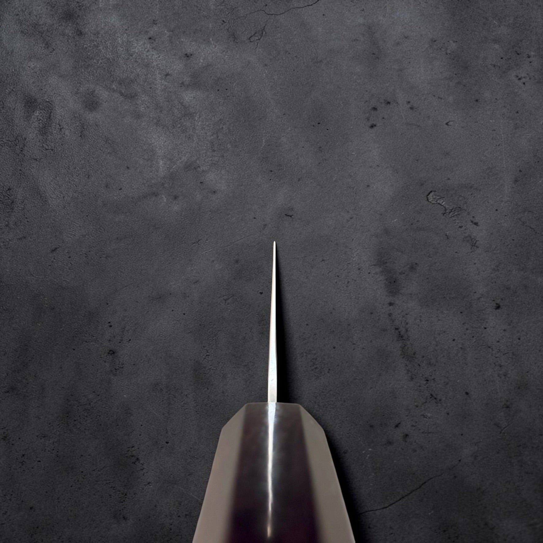 Choil view of Hatsukokoro Ginrei Silver #3 Santoku showing its thin grind