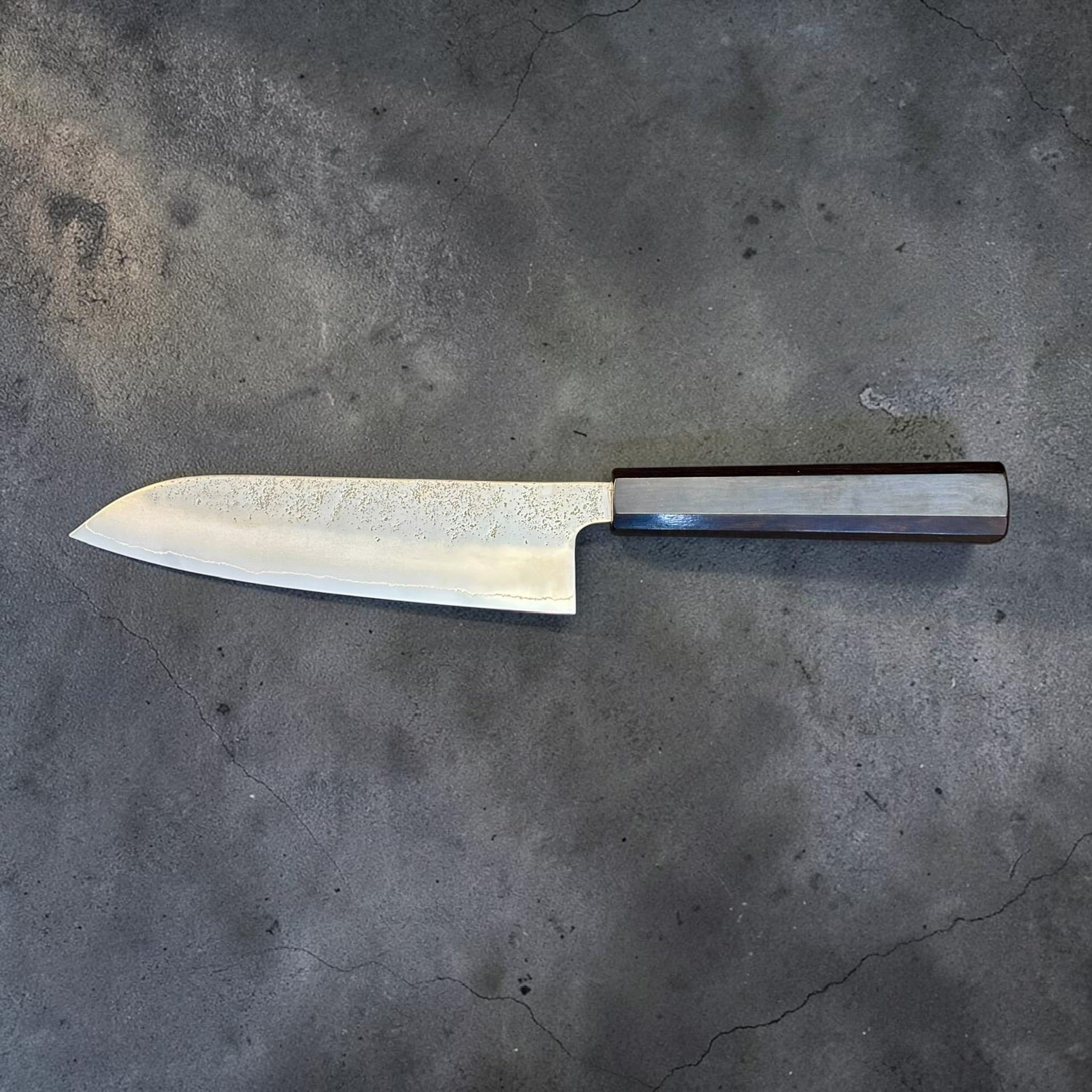 Reverse profile of Hatsukokoro Ginrei Silver #3 Santoku 170mm with ebony handle