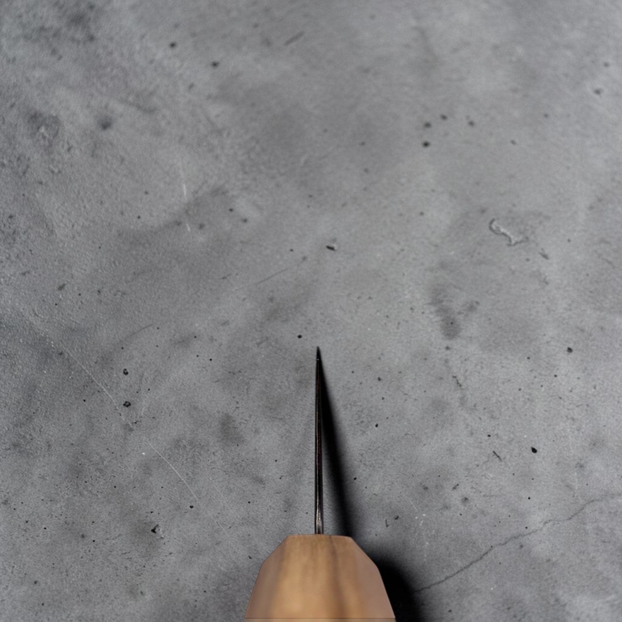 Hatsukokoro Hikari SLD Damascus Santoku 170 mm with olive wood handle choil shot.
